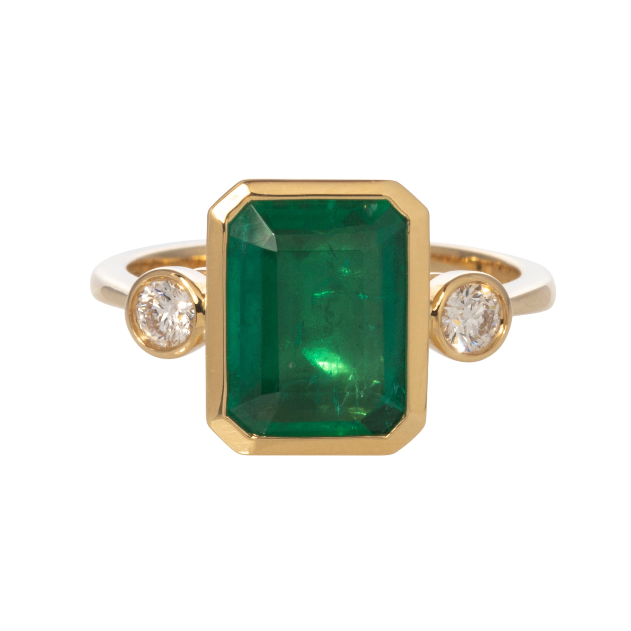 Emerald and Diamond Three Stone Bezel Set 18K Yellow Gold Ring for Women - Elegant Engagement, Wedding, Anniversary Jewelry Gift