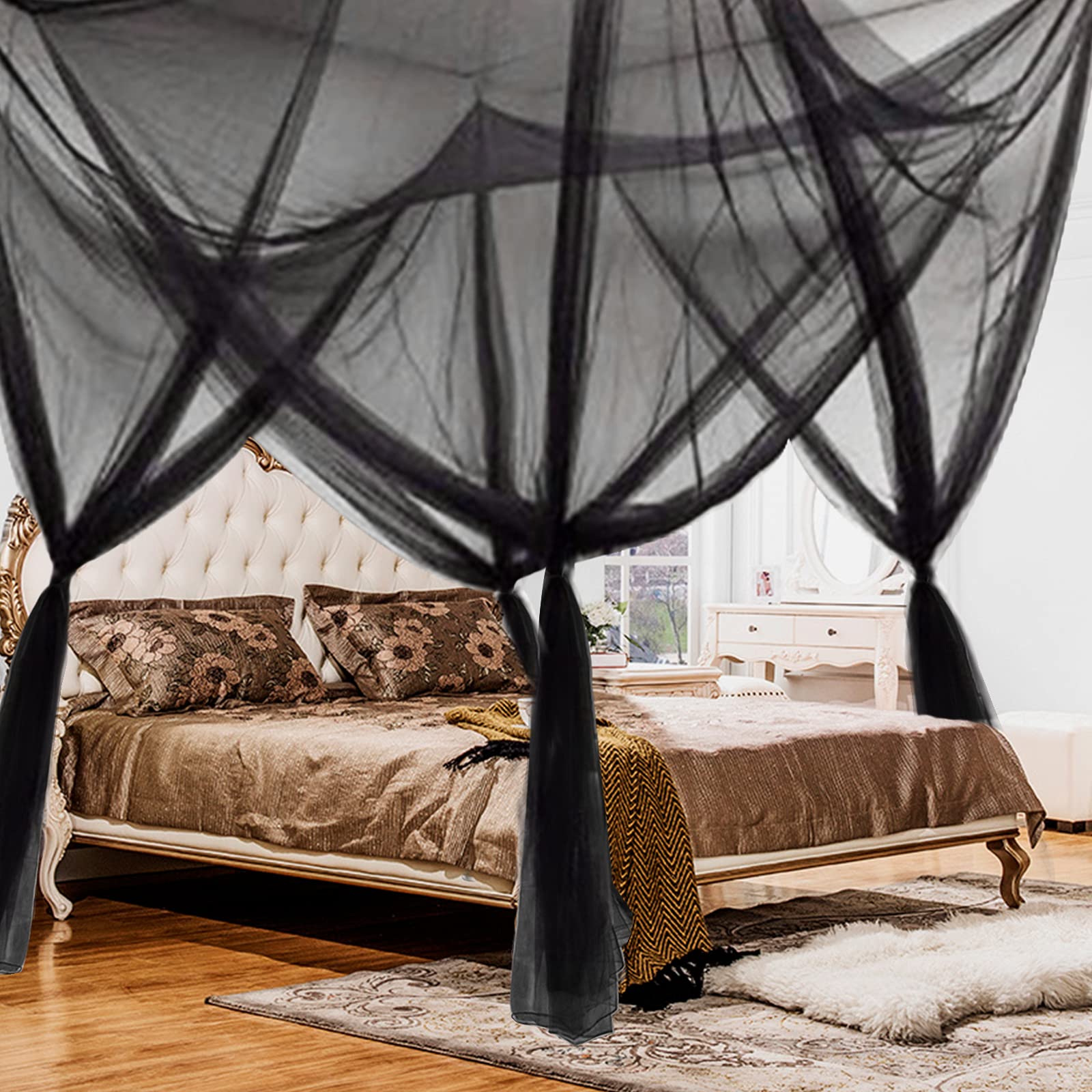 Queen Bed Canopy Tent - Black Mesh Netting for Girls & Adults - Bedroom Decor