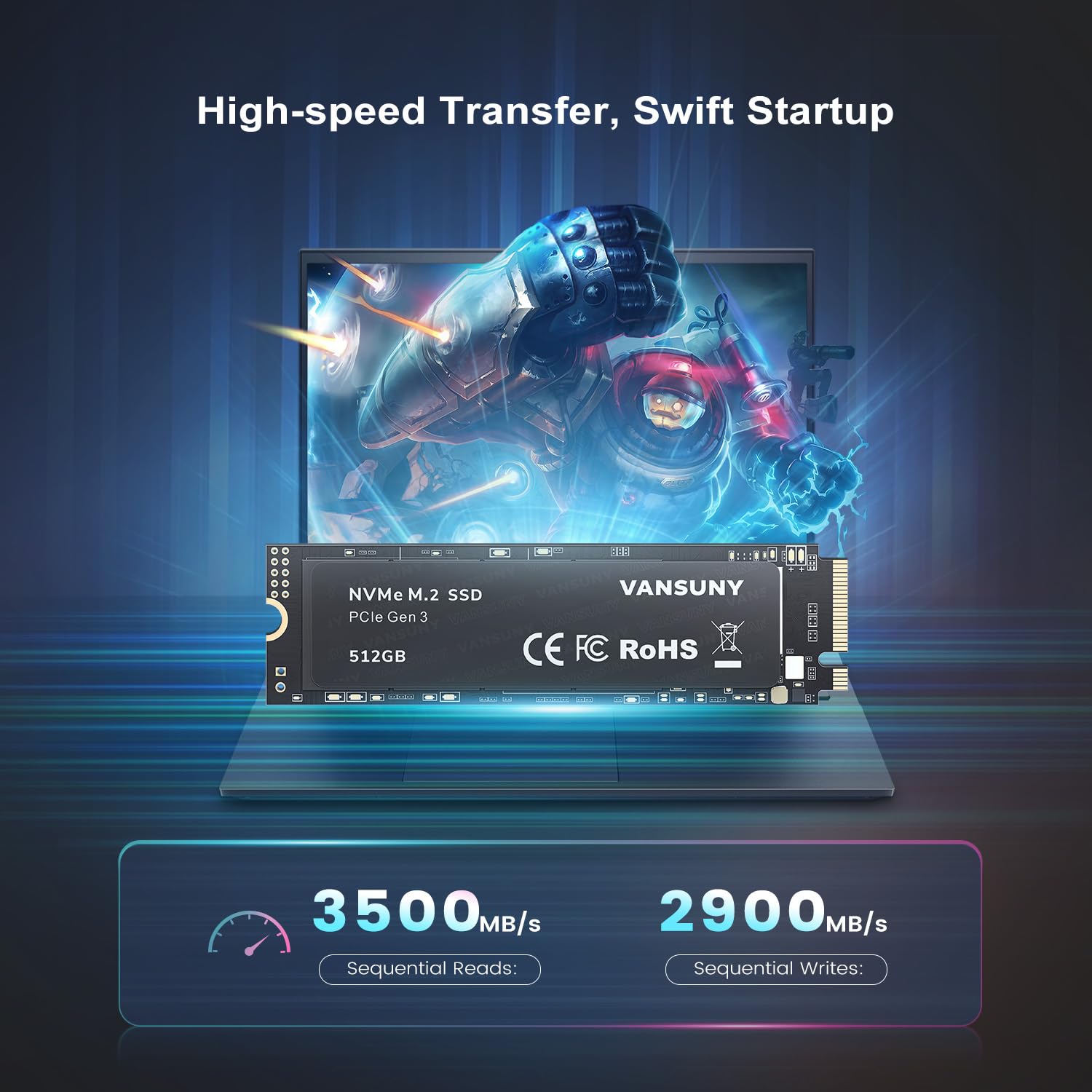 Vansuny 512GB M.2 NVMe PCIe Gen3x4 Internal SSD - 3500MB/s Read Speed, 3D NAND TLC, 2280 Form Factor - Perfect for Gaming PCs, Laptops, Video Editing & High-Performance Computing