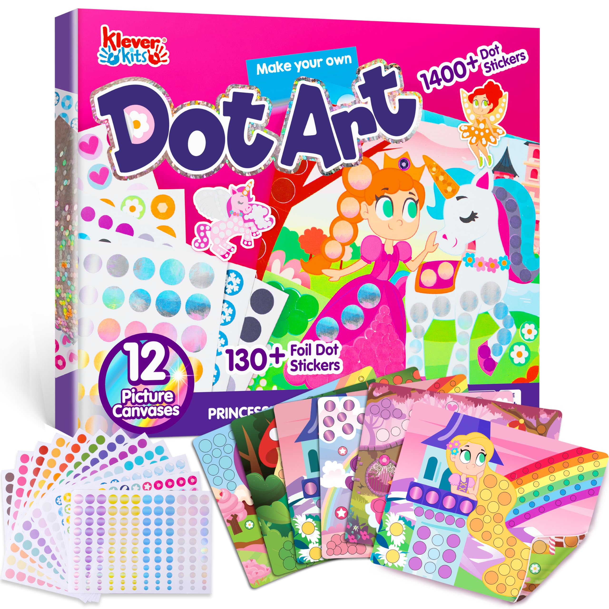 Klever Kits No Mess Dot Art Sticker Activity Set for Kids Ages 3-7 - Unicorn & Princess Themed Craft Supplies, Creative Birthday Gift, Travel Airplane Toys for Boys & Girls | Perfect for Home, Classroom & Road Trip Activities