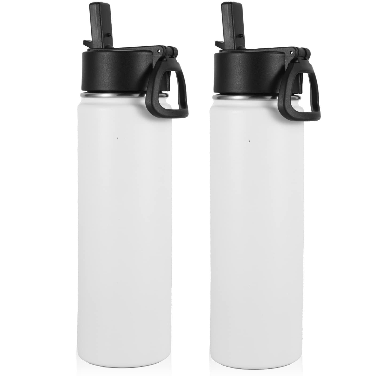Volhoply 22 oz Insulated Stainless Steel Water Bottle with Straw & Handle Lid - 2 Pack, Double Walled Vacuum Insulation, Reusable Cold Drink Flask for School, Gym, Hiking & Outdoor Activities (White)