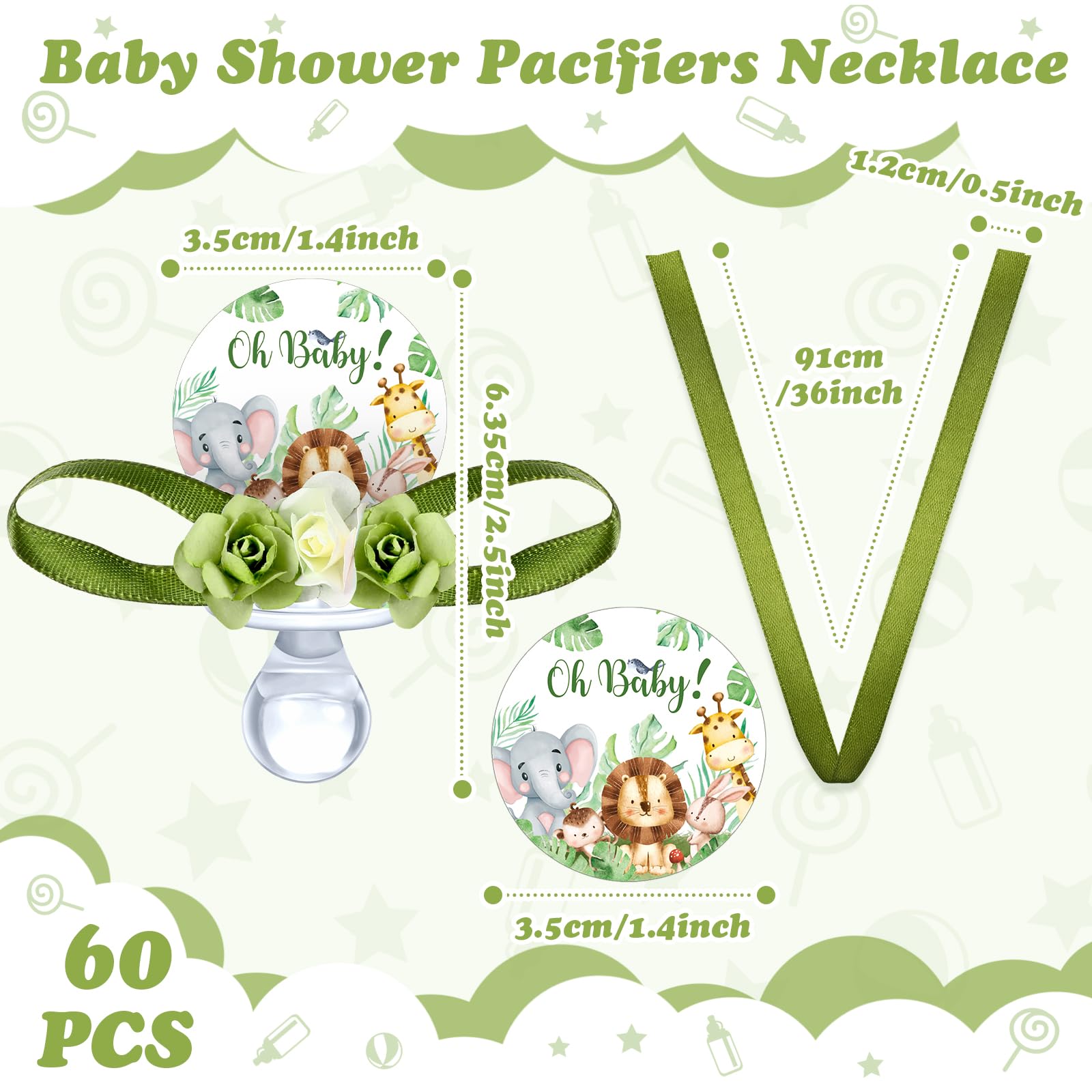 Quelay 60 Pcs Baby Shower Pacifier Necklace Set - Cute Jungle Animal Acrylic Pacifiers with Floral Designs for Baby Shower Decorations, Party Favors & Table Centerpieces - Perfect for Baby Showers, Gender Reveals & Newborn Celebrations