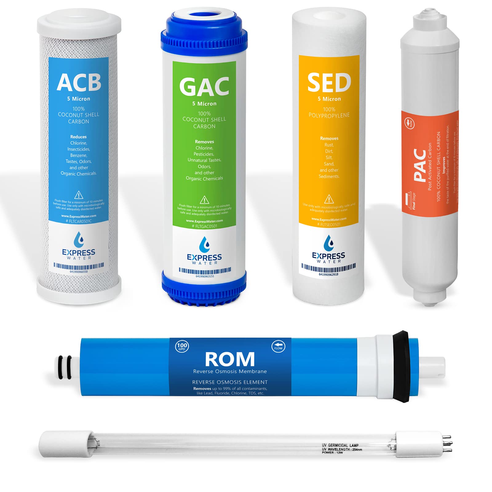 Express Water 6-Month Ultraviolet Reverse Osmosis Water Filter Replacement Set - 6 Filters with 100 GPD RO Membrane & 10-Inch Sediment Filters - Perfect for Home, Office & RV Water Purification Systems