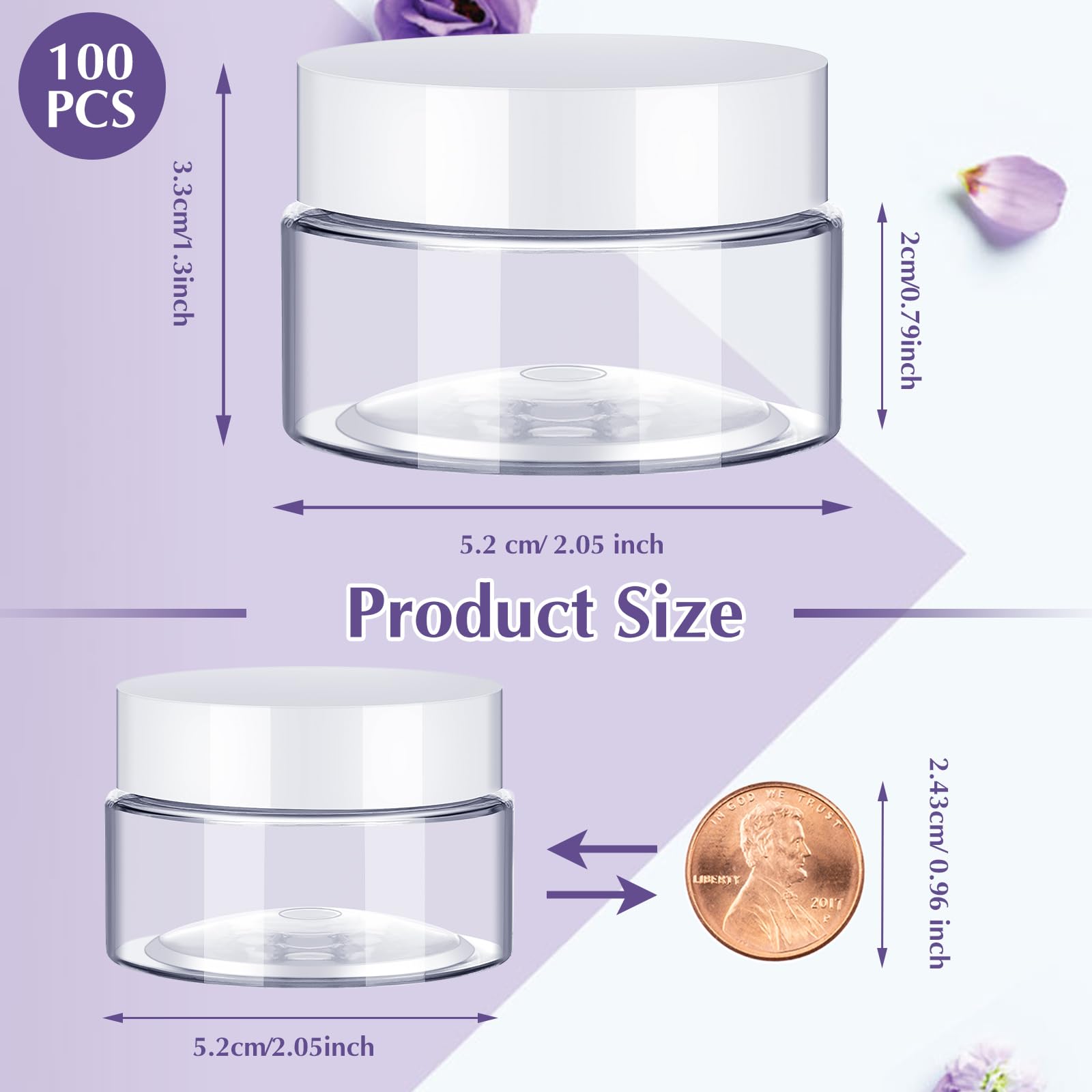 SATINIOR 100-Pack 1 oz Clear Plastic Jars with White Lids - Small Wide Mouth Containers for Lotion, Cream, Body Butter, Rhinestones & Travel Storage - Perfect for DIY Crafts, Beauty Products & Organizing Small Items