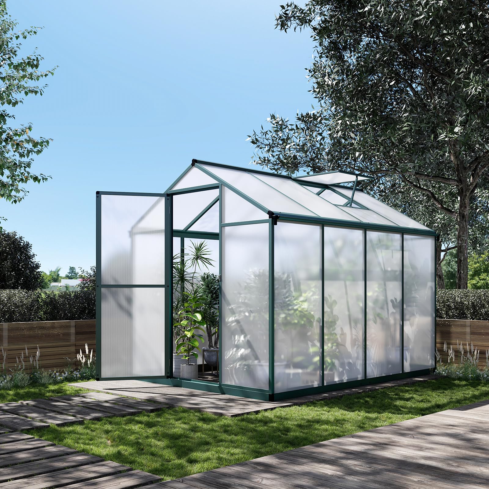 **Polycarbonate Greenhouse for Outdoors - 8' x 6.25' Large Walk-in Aluminum Greenhouse with Quick Setup & Roof Vent - Ideal for Garden, Backyard, and Plant Protection (Green)**