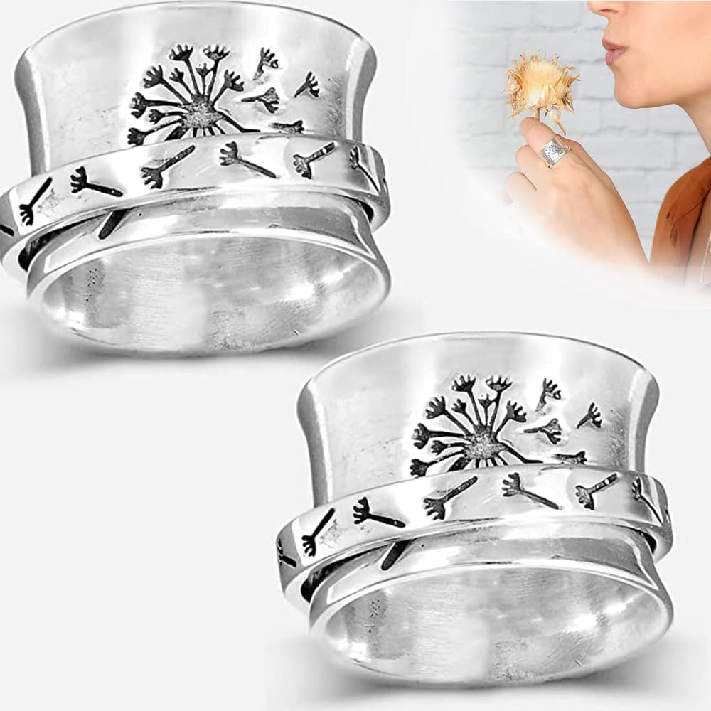 MADTAE 2-Pack Dandelion Spinner Silver Rings for Women - Stress Relief Fidget Rings, Anxiety Wide Band, Moon Meditation Jewelry, Trendy Flower Turning Rings (Size 9) - Perfect for Anxiety Relief, Meditation & Everyday Wear