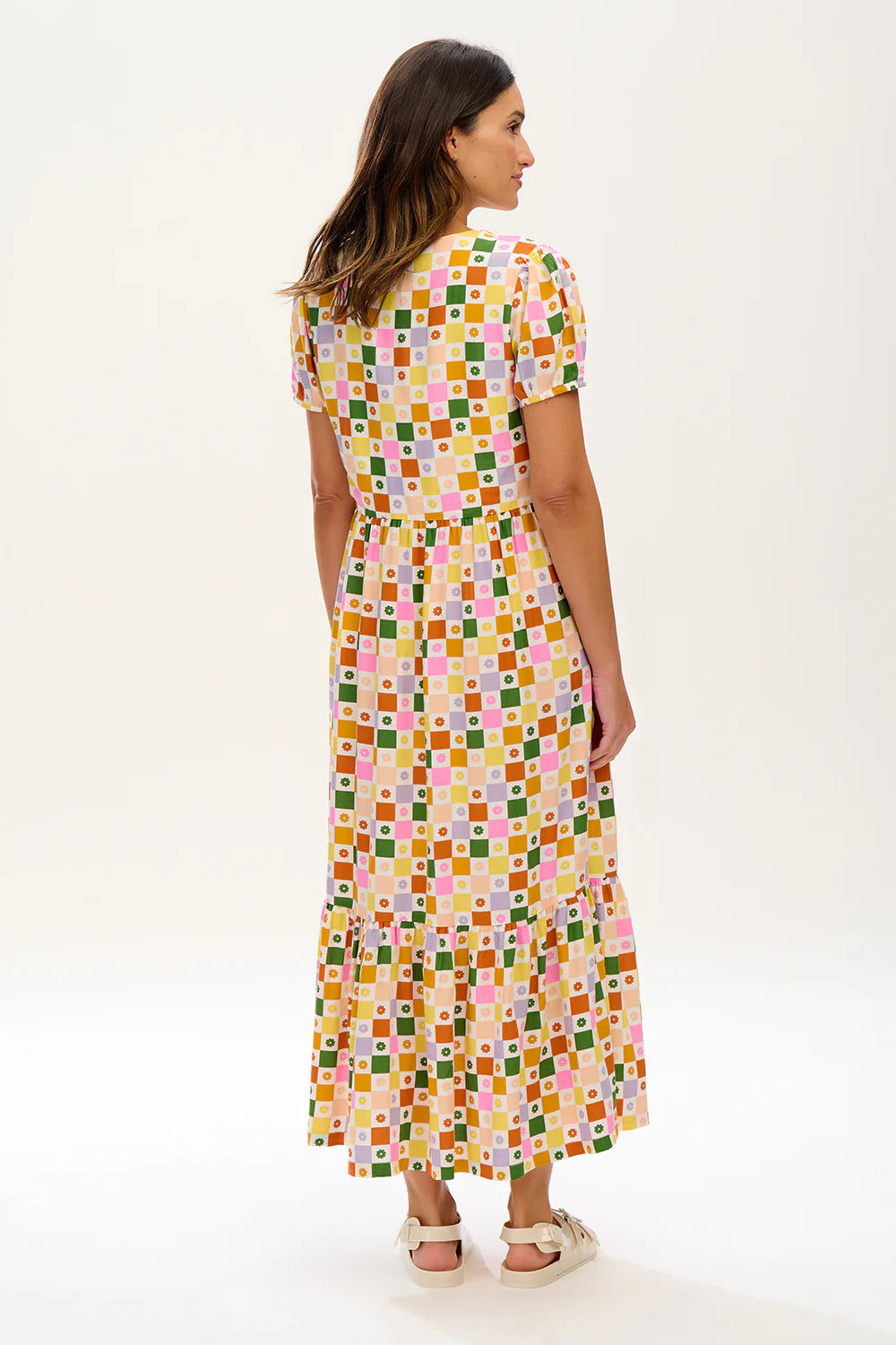 Belinda Women's V Neck Maxi Smock Dress - Floral Checkerboard Print, Casual Boho Summer Dress for Beach, Vacation & Outdoor Parties