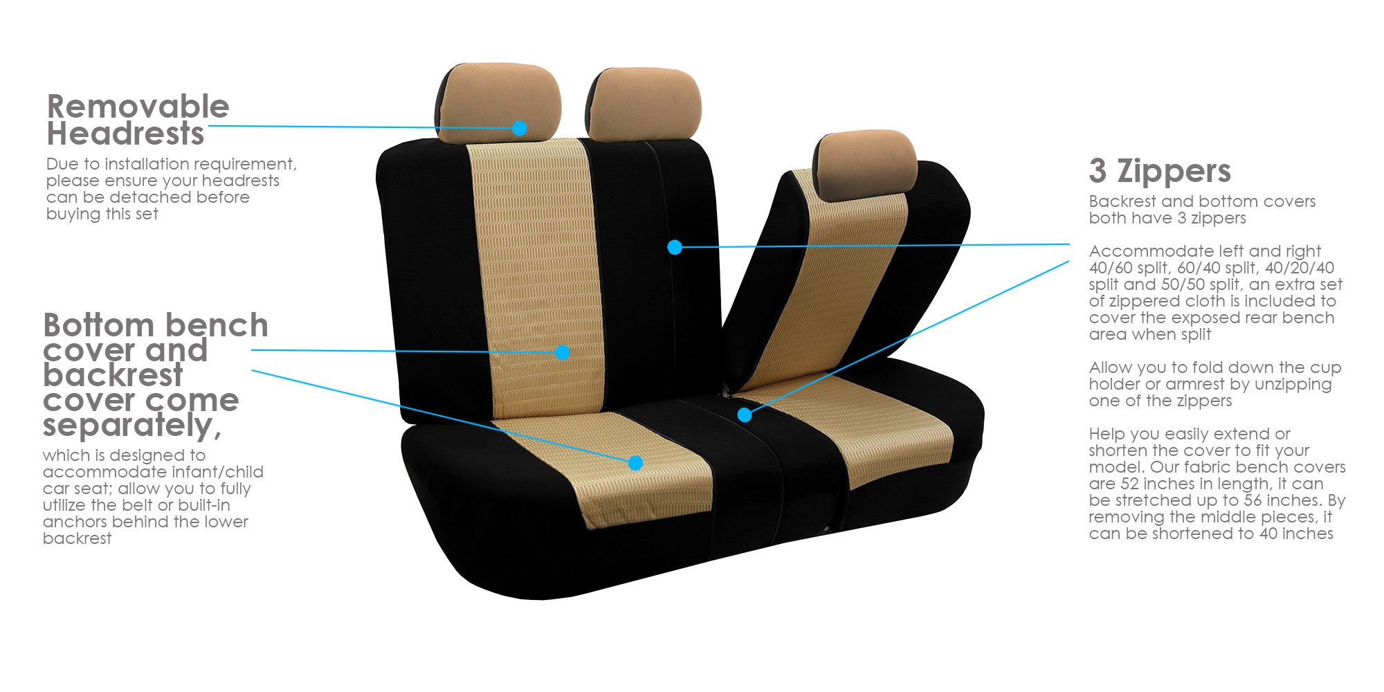 TLH Trendy Elegance Beige Car Seat Covers Full Set - Universal Fit for Cars, Trucks & SUVs | Airbag Compatible Split Rear Design | Premium Automotive Interior Accessories for Comfort & Style (Perfect for Daily Commute, Road Trips & Family Travel)