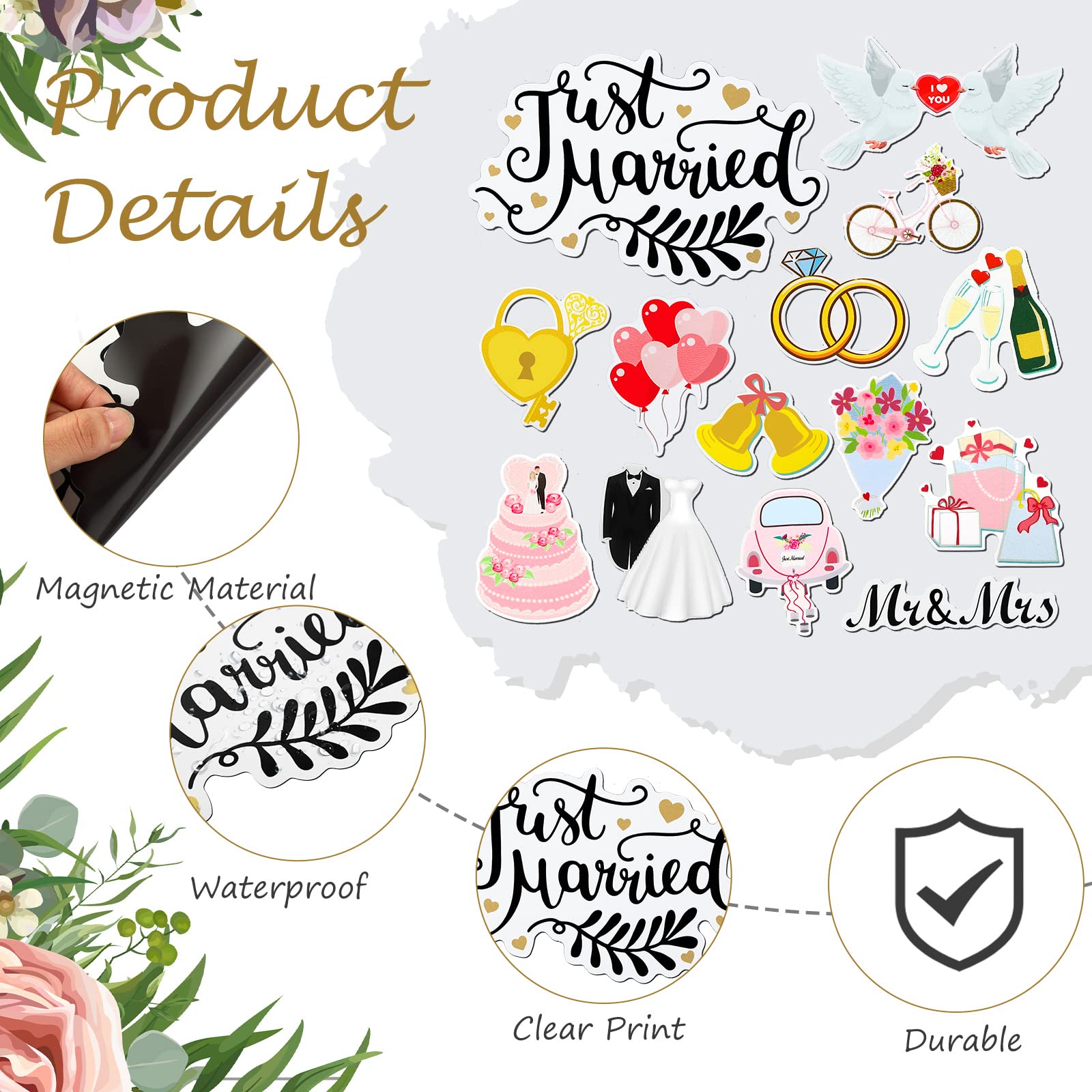 16 Pcs Just Married Car Decorations Kit - 14 Ornate Car Magnets, Window Decal & Cardstock Sign Banner | Wedding Decor for Cars, Bridal Shower & Honeymoon Photo Props | Perfect for Newlyweds' Getaway & Celebration