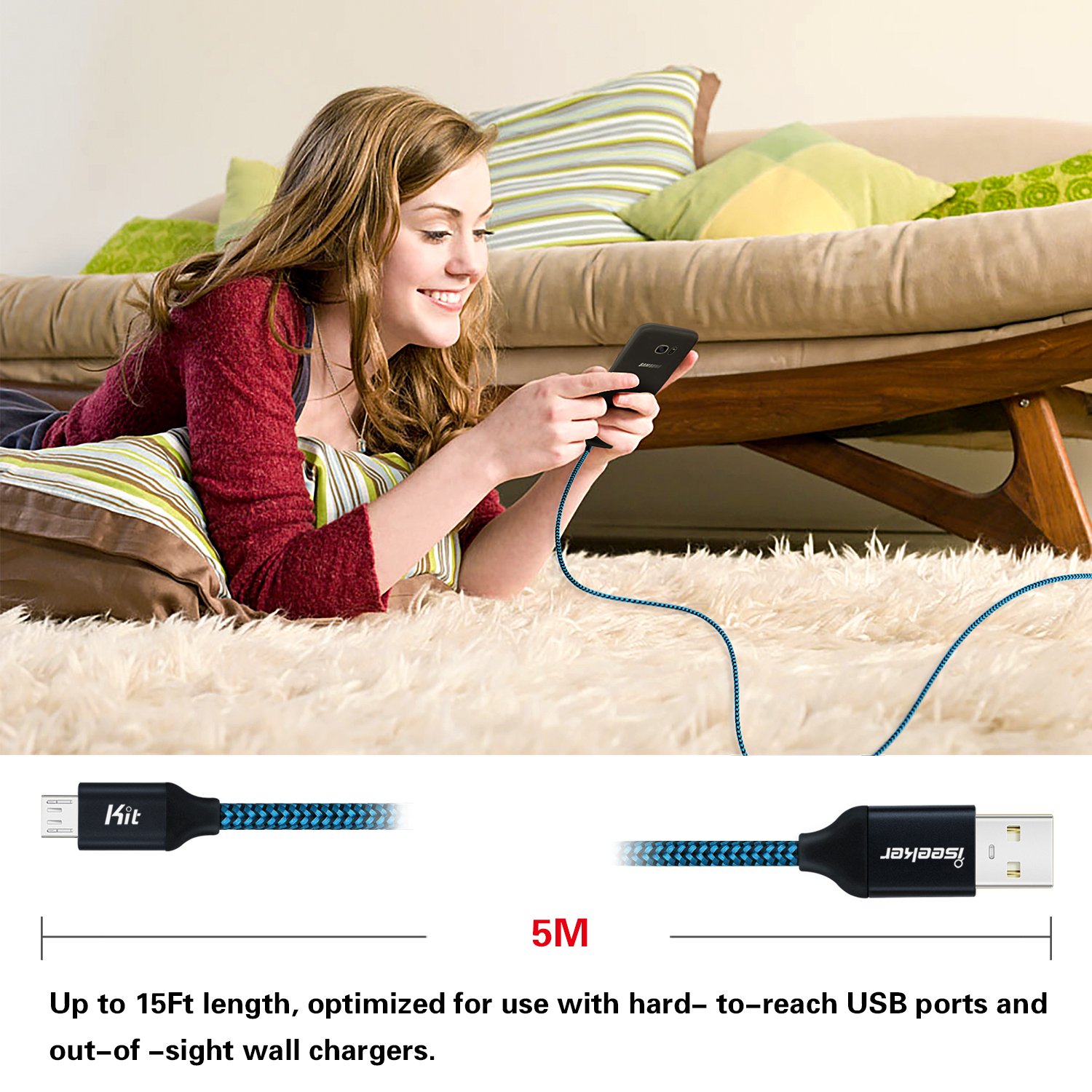 15ft Extra Long Micro USB Charger Cable - High Speed USB 2.0 Charging Cord for Android Phones, Samsung, LG, HTC, Motorola, Nokia & Tablets - Durable Nylon Braided (Blue) - Perfect for Home, Office, Car & Travel Charging