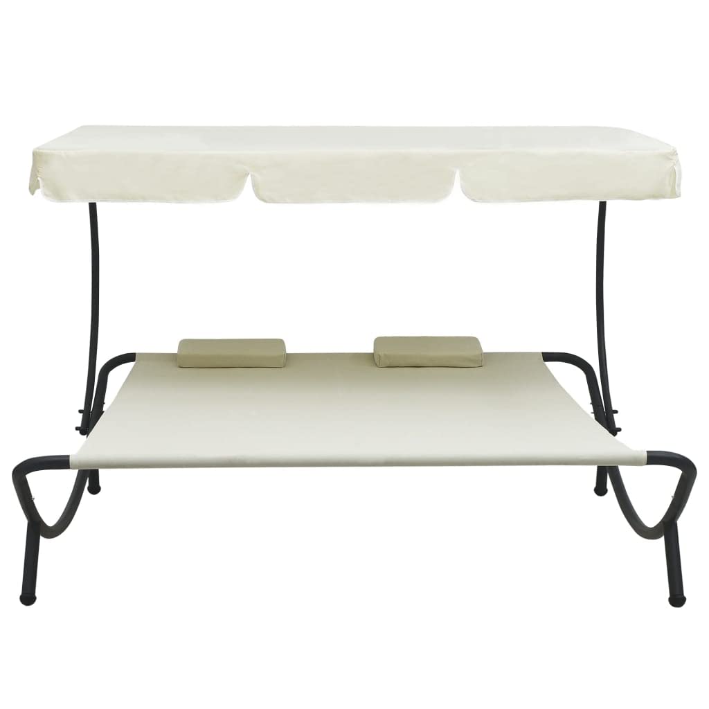 SKM Patio Lounge Bed with Canopy and Pillows - Cream White Outdoor Daybed for Poolside, Garden, or Backyard Relaxation