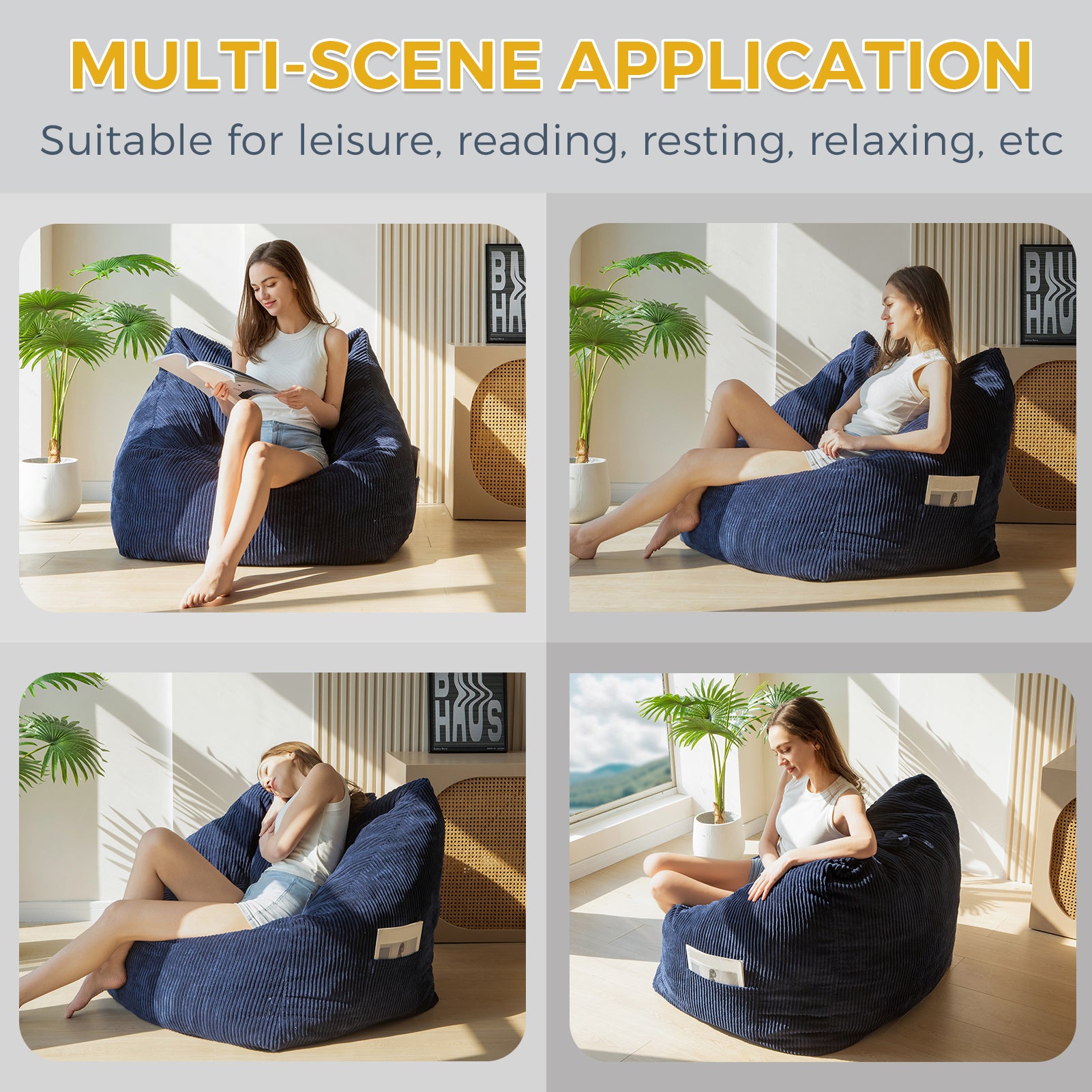 MAXYOYO Bean Bag Chair with Handle - Navy Floor Sofa for Teens, Living Room Accent Chair with Storage Pocket - Perfect for Gaming, Reading & Relaxing in Bedroom, Dorm or Lounge