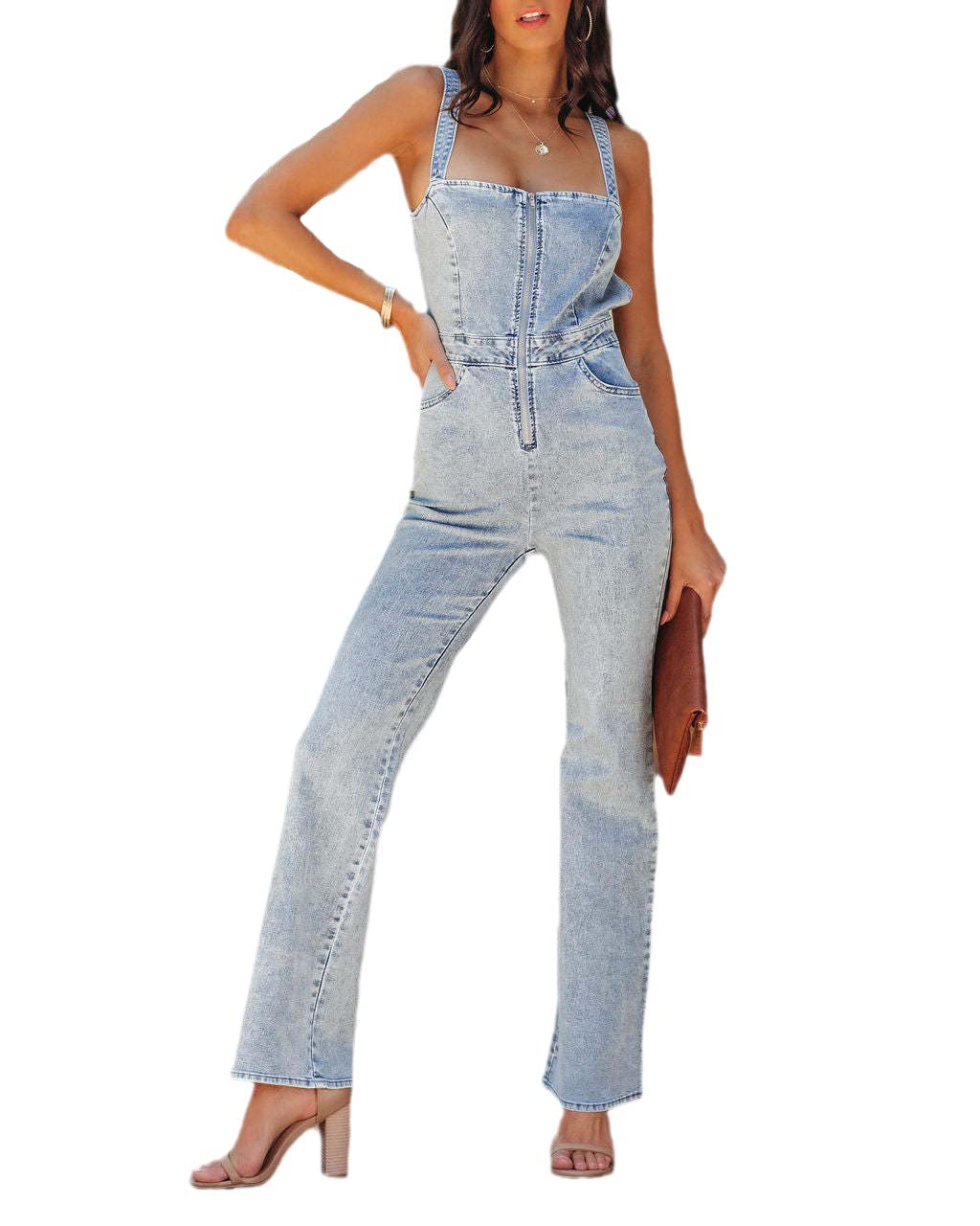 CRIOEVN Women's Sexy Stretch Denim Jumpsuit with Suspenders - Slim & Loose Fit Zip-Up Wide Leg Jeans Pants | Perfect for Casual Outings, Date Nights & Fashionable Streetwear