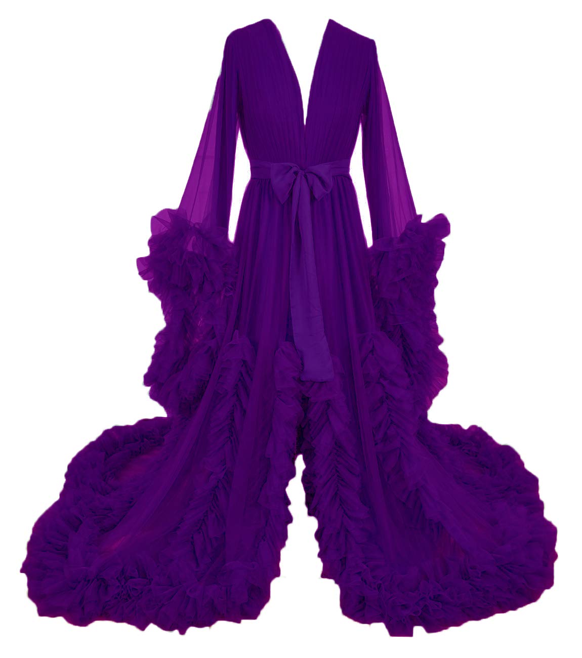 Elegant Long Wedding Scarf Illusion Nightgown with Feather Robe - Sexy Sheer Puffy Dress for Bridal Shower, Honeymoon & Romantic Nights