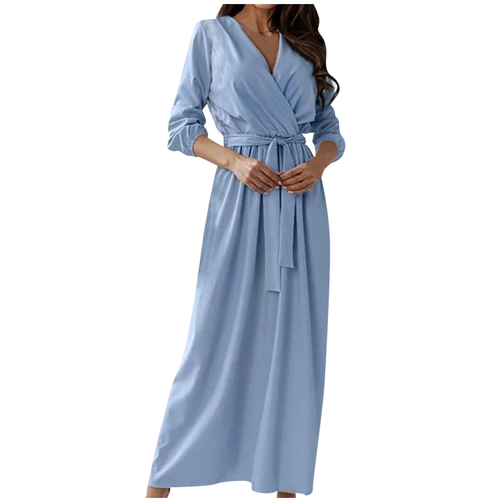 Elegant Women's Flowy Maxi Dress - Wrap Beach Long Dress with Long Sleeves, Belt & Pleated Hem | Perfect for Summer Vacations, Beach Weddings & Boho Chic Outfits