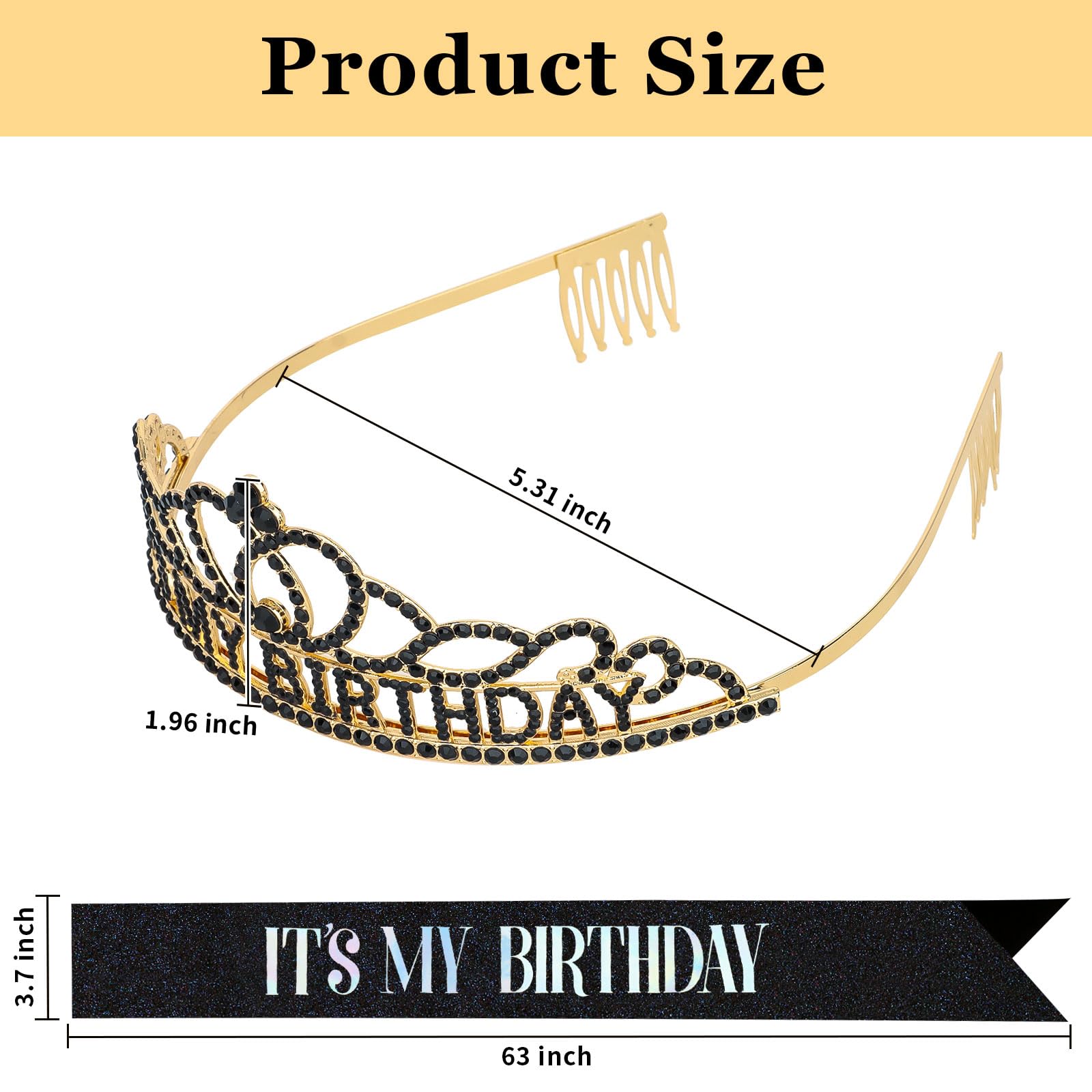 Princess Birthday Sash & Rhinestone Tiara Set for Women - Elegant Black Birthday Party Accessories & Decorations - Perfect for Birthday Celebrations, Bachelorette Parties & Special Occasions