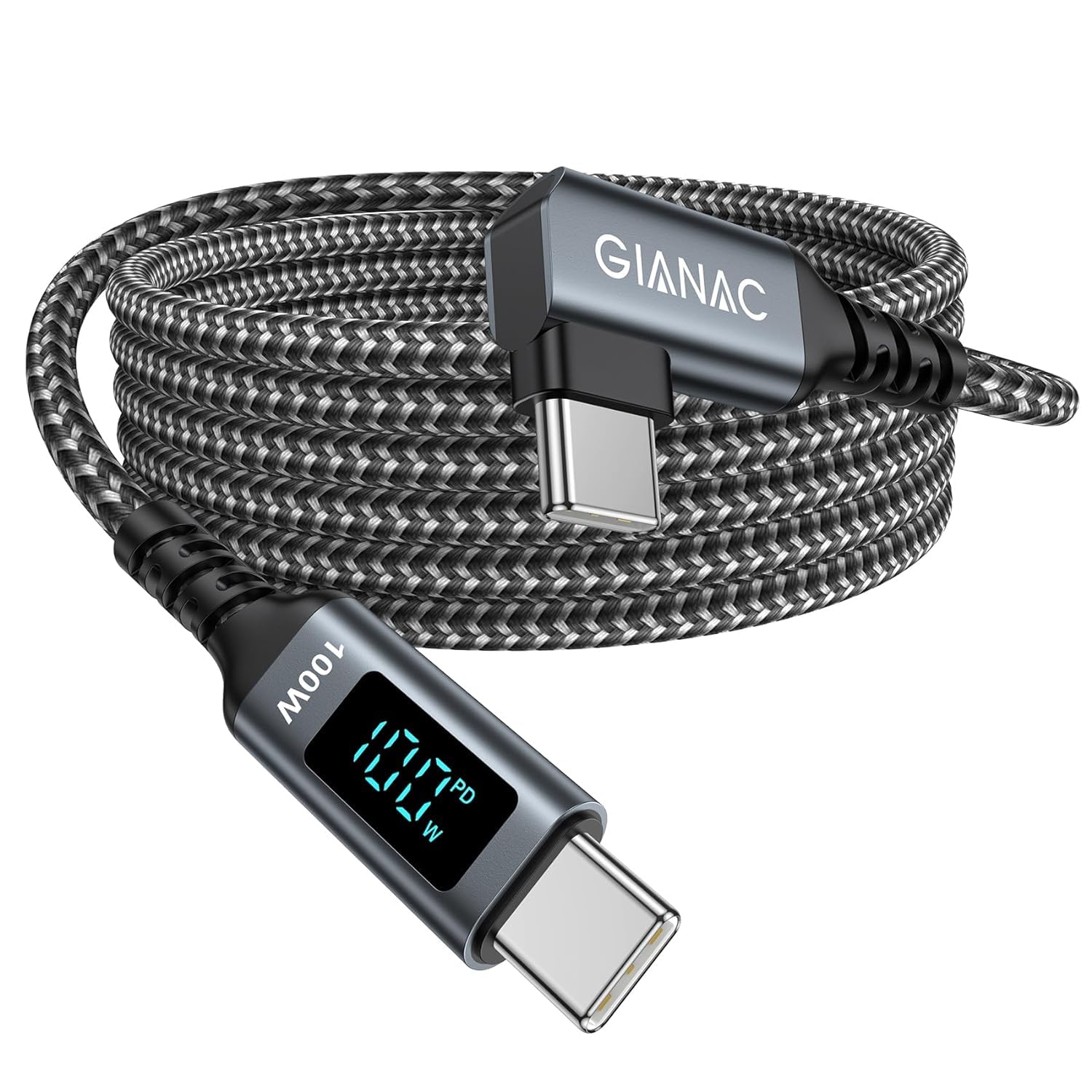 100W USB C to USB C Fast Charging Cable [6.6ft] with LED Display & 90 Degree Angled PD 5A - Compatible with MacBook Pro/Air, iPad Pro, iPhone 15, Huawei, Google Pixel & More - Perfect for Home, Office & Travel Charging