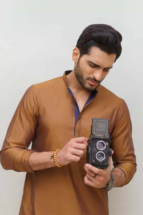 Stylish Blueish Purple and Brown Kurta with White Pyjama Set - Comfortable Ethnic Outfit for Festivals, Parties & Casual Wear