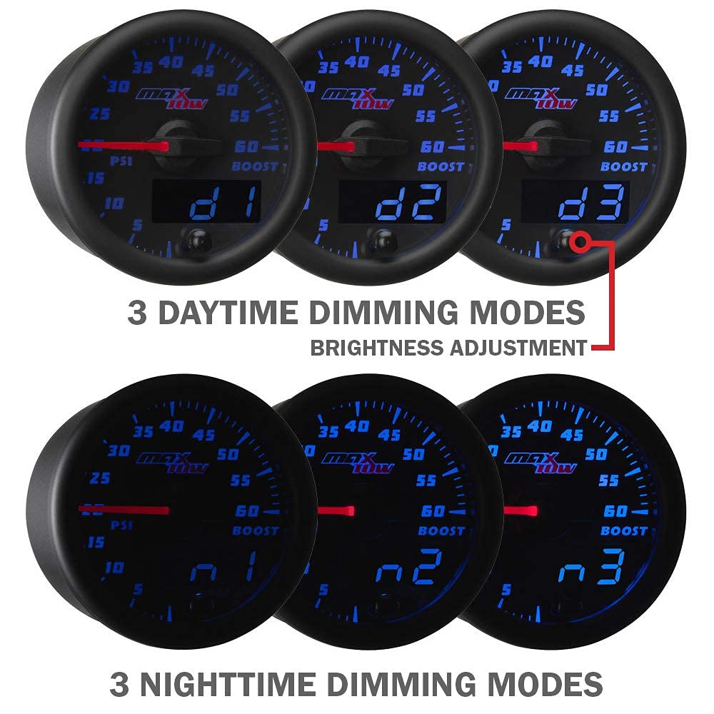 MaxTow Double Vision 100 PSI Oil Pressure Gauge Kit with Electronic Sensor - Black Face & Blue LED Dial - Analog & Digital Readout - 2-1/16