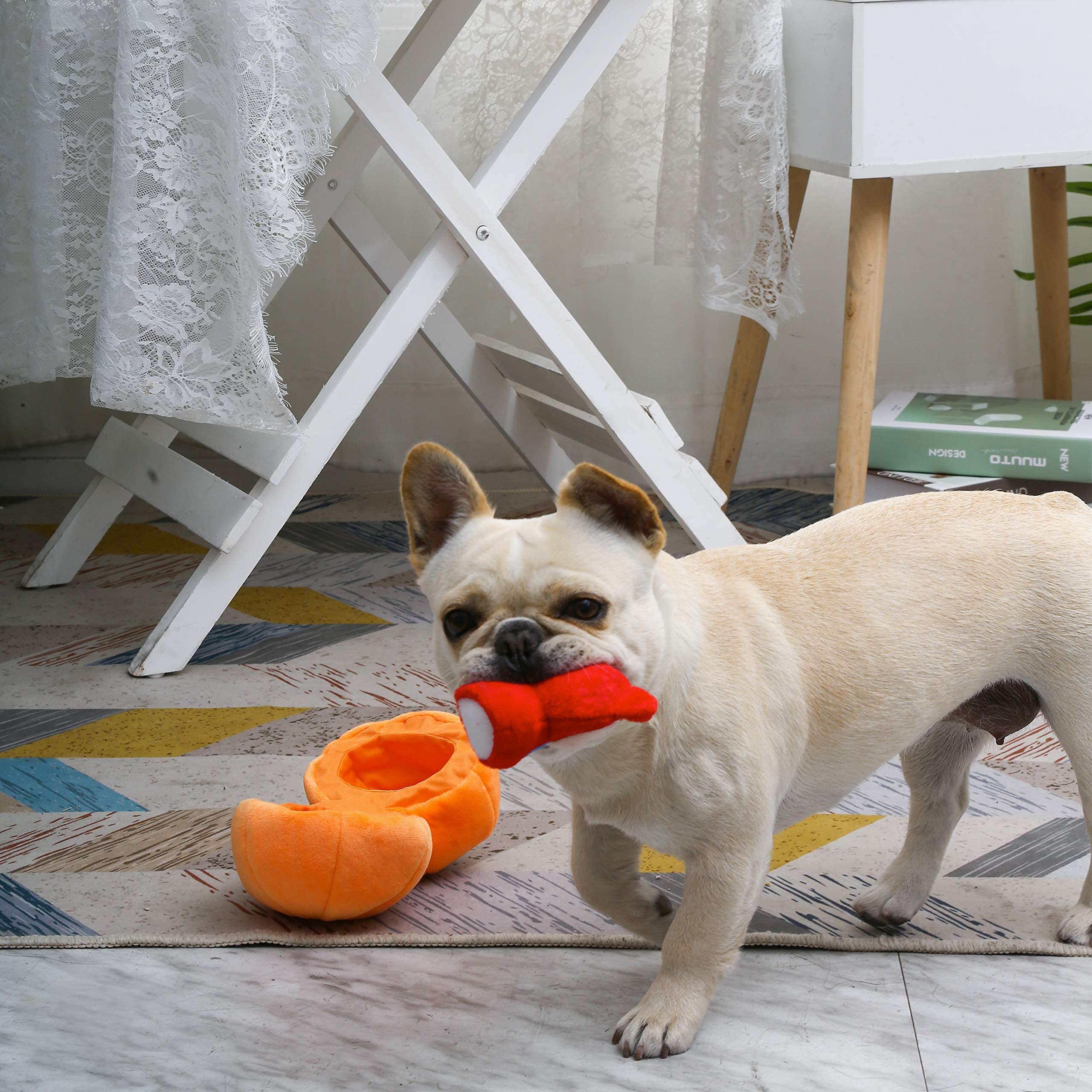 HugSmart Pet - Fruity Critterz Squeaky Hide and Seek Plush Dog Toys | 2-in-1 Interactive Puzzle Toys for Small & Medium Dogs | Pumpkin Hiding Fox | Perfect for Indoor Play, Training & Bonding with Your Pet