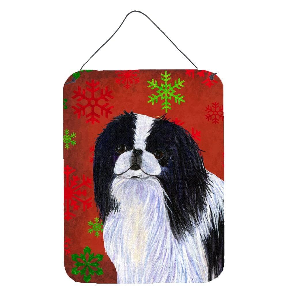 Japanese Chin Dog Red & Green Snowflakes Christmas Wall Decor - Aluminum Metal Sign for Kitchen, Bar, Bathroom, Front Door - Holiday Home Décor for Festive Season & Winter Celebrations