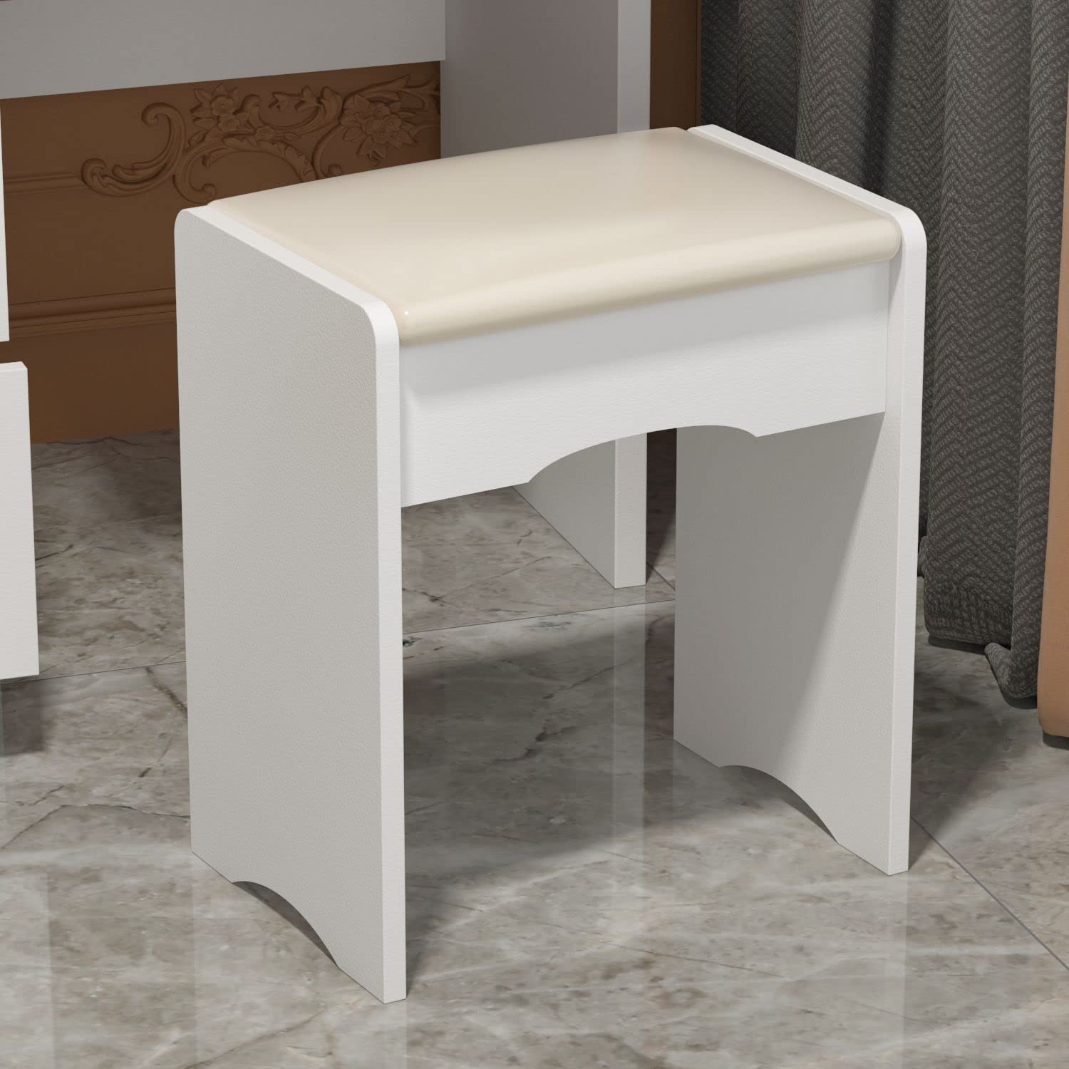 FAMAPY White Vanity Desk with LED Lights, Large Mirror & Storage Drawers - Makeup Dressing Table with Stool, Shelves for Bedroom, 31.5
