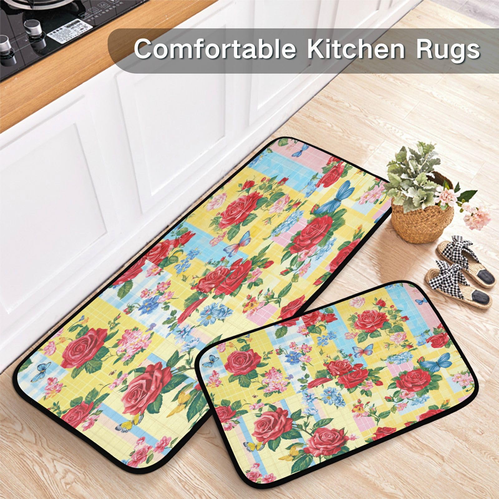 Non-Slip Rose Flower Butterfly Kitchen Rugs - Set of 2 Soft Floor Mats for Kitchen, Laundry Room & Entryway - Waterproof Doormats for Home Decor & Safety