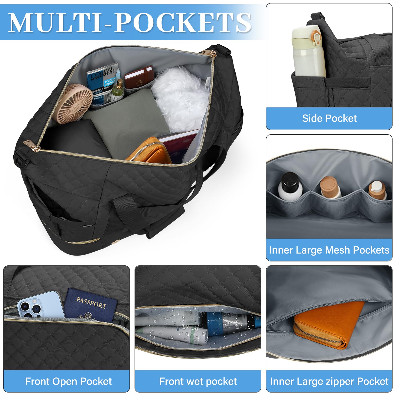 Large Duffle Gym Bag for Women - Waterproof Travel Weekender with Wet Pocket, USB Charging Port & Shoe Compartment - TSA Approved Carry On for Sports, Overnight Trips & Hospital Visits (Includes Toiletry Bag, Black) - Perfect for Gym, Travel, Workouts & Weekend Getaways
