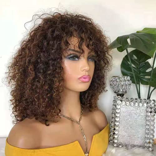 Curly None Lace Wig With Bangs Highlight Brown
