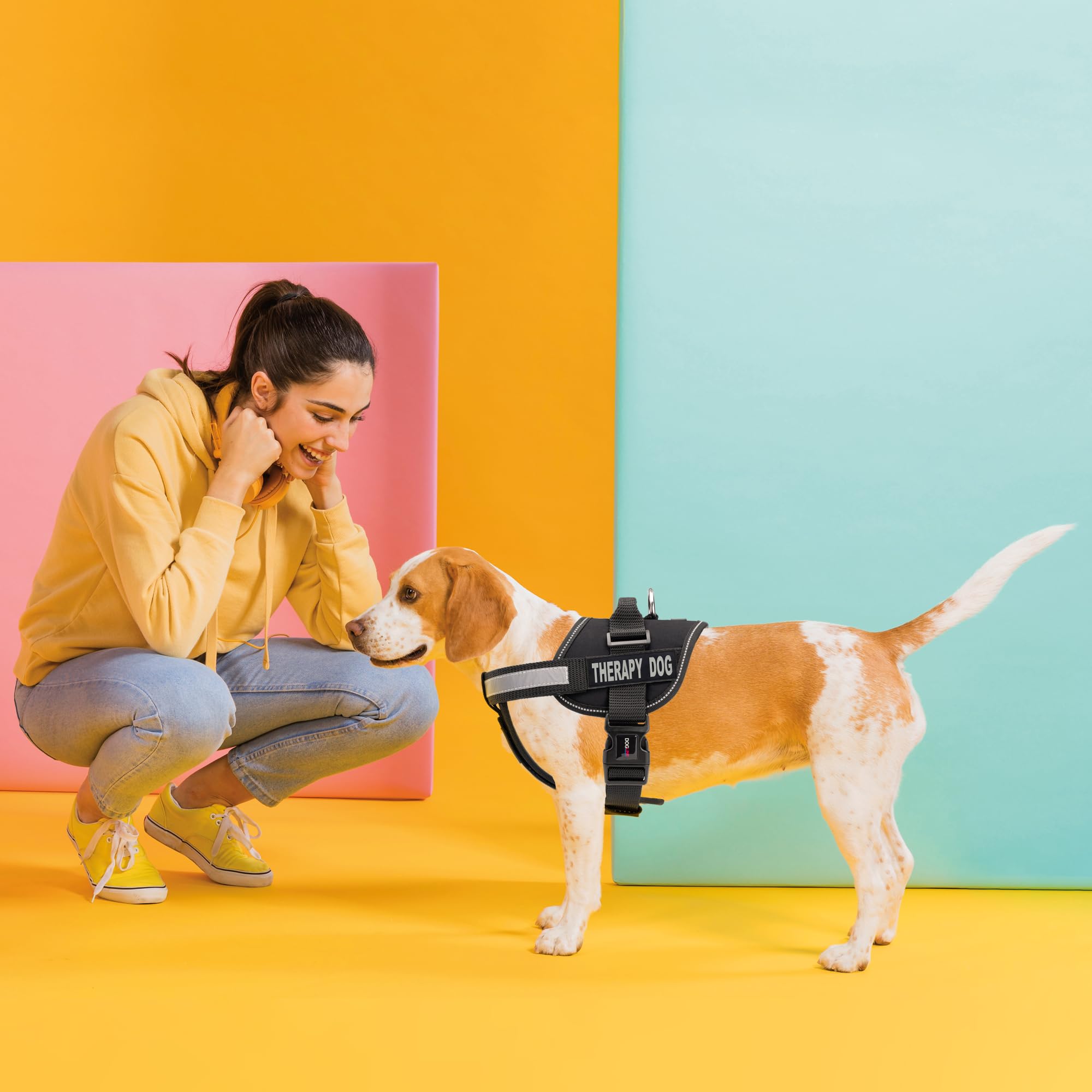Dogline Adjustable Vest Harness for Large Dogs (28-38 Inch Chest) with 2 Removable Therapy Dog Patches - Black | Perfect for Service Dogs, Emotional Support Pets & Outdoor Adventures