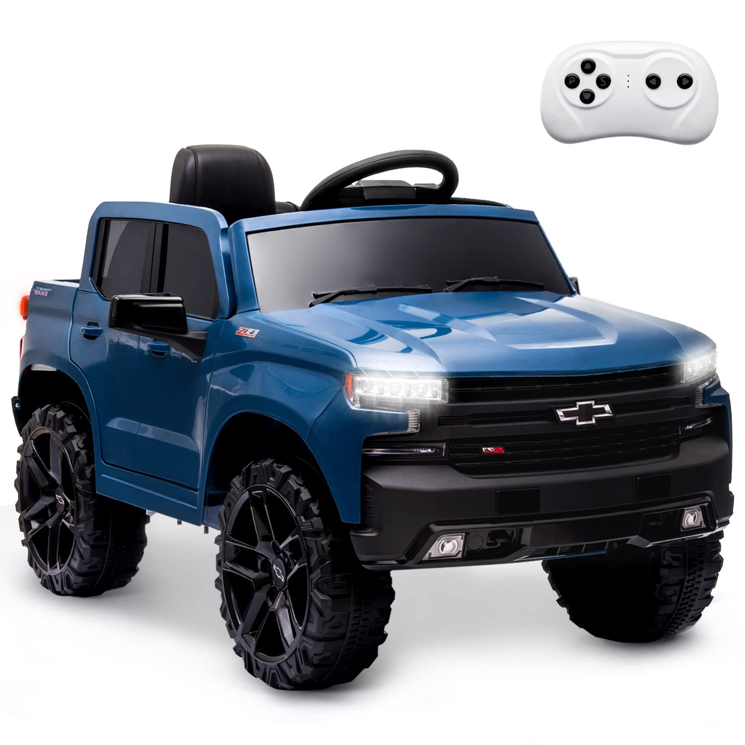 12V Kids Ride On Truck with Remote Control - Chevrolet Silverado Electric Car for Boys & Girls, LED Lights, 3 Speed Modes, Spring Suspension, MP3 Player & Horn - Perfect for Birthday Gifts, Outdoor Play & Backyard Adventures (Blue)