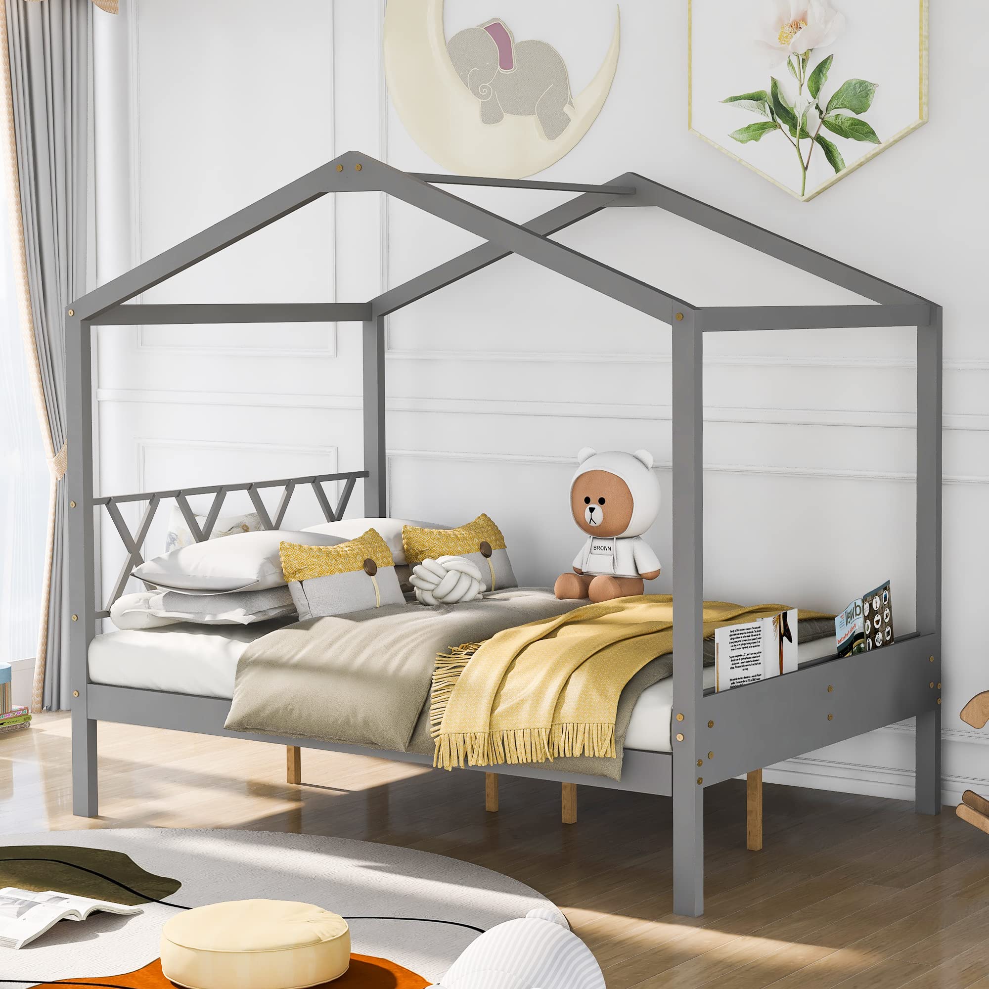 Merax Full Size Wooden House Bed with Storage & Roof - Kids Playhouse Bed for Bedroom, Grey - Perfect for Playrooms, Bedrooms & Imaginative Play