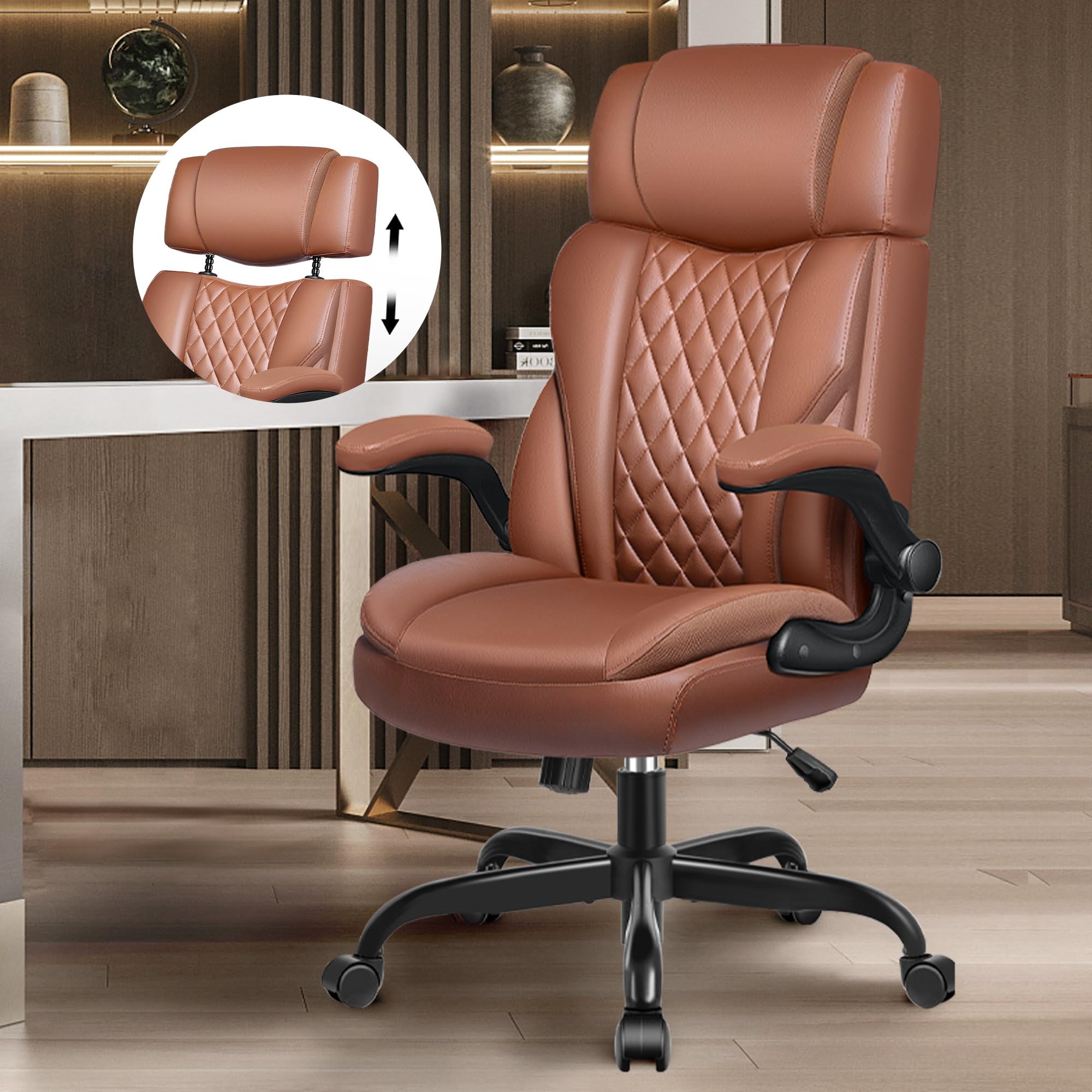 Ergonomic Executive Office Chair with Flip-Up Arms, Adjustable Headrest & Lumbar Support - Leather Desk Chair for Home Office, Computer Work & Gaming - Comfortable Rocking Function for All-Day Sitting