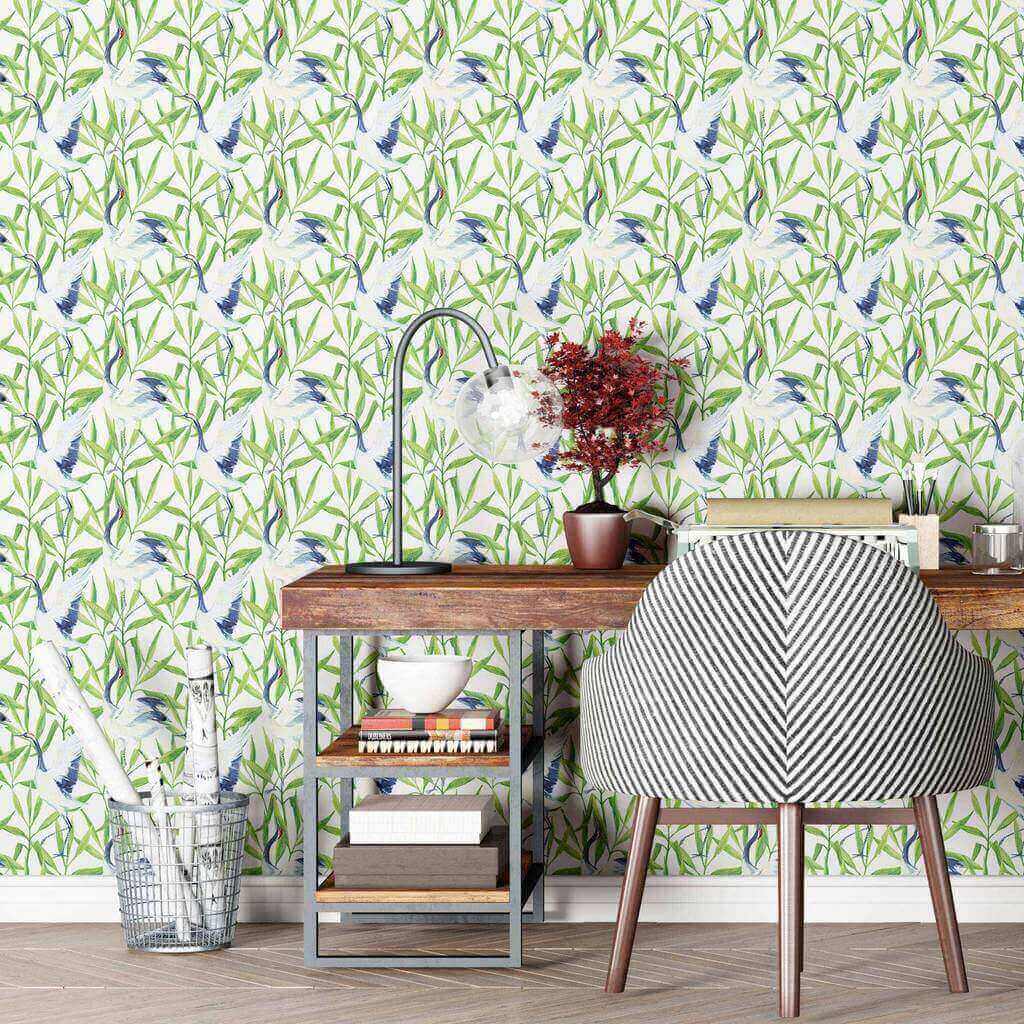 Green Birds Peel and Stick Removable Wallpaper - Self-Adhesive Decorative Wall Mural for Bedroom, Nursery, Living Room & Office Decor