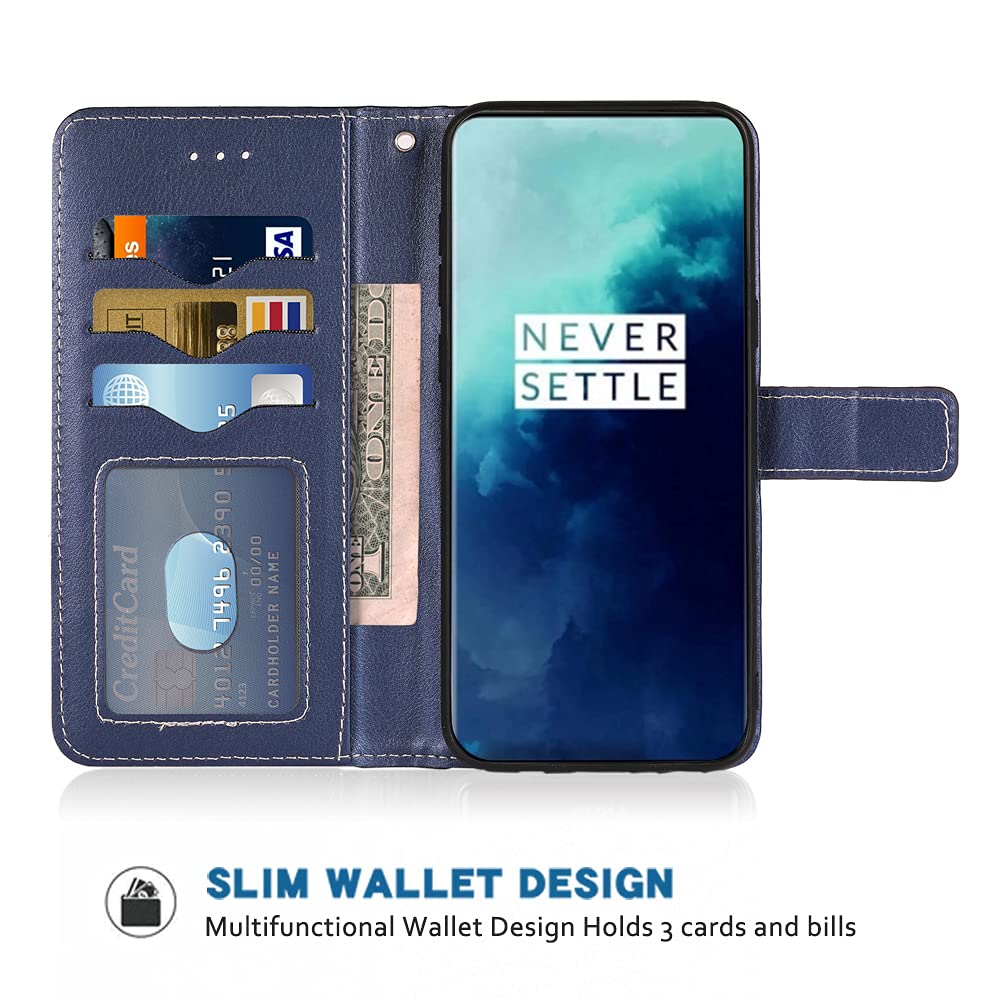 OnePlus 7T Pro Case Leather Wallet Flip Cover with Wrist Strap & Card Holder - Compatible with OnePlus 7T Pro 5G McLaren Edition (Blue) | Premium Protection & Hands-Free Convenience for Work, Travel & Daily Use