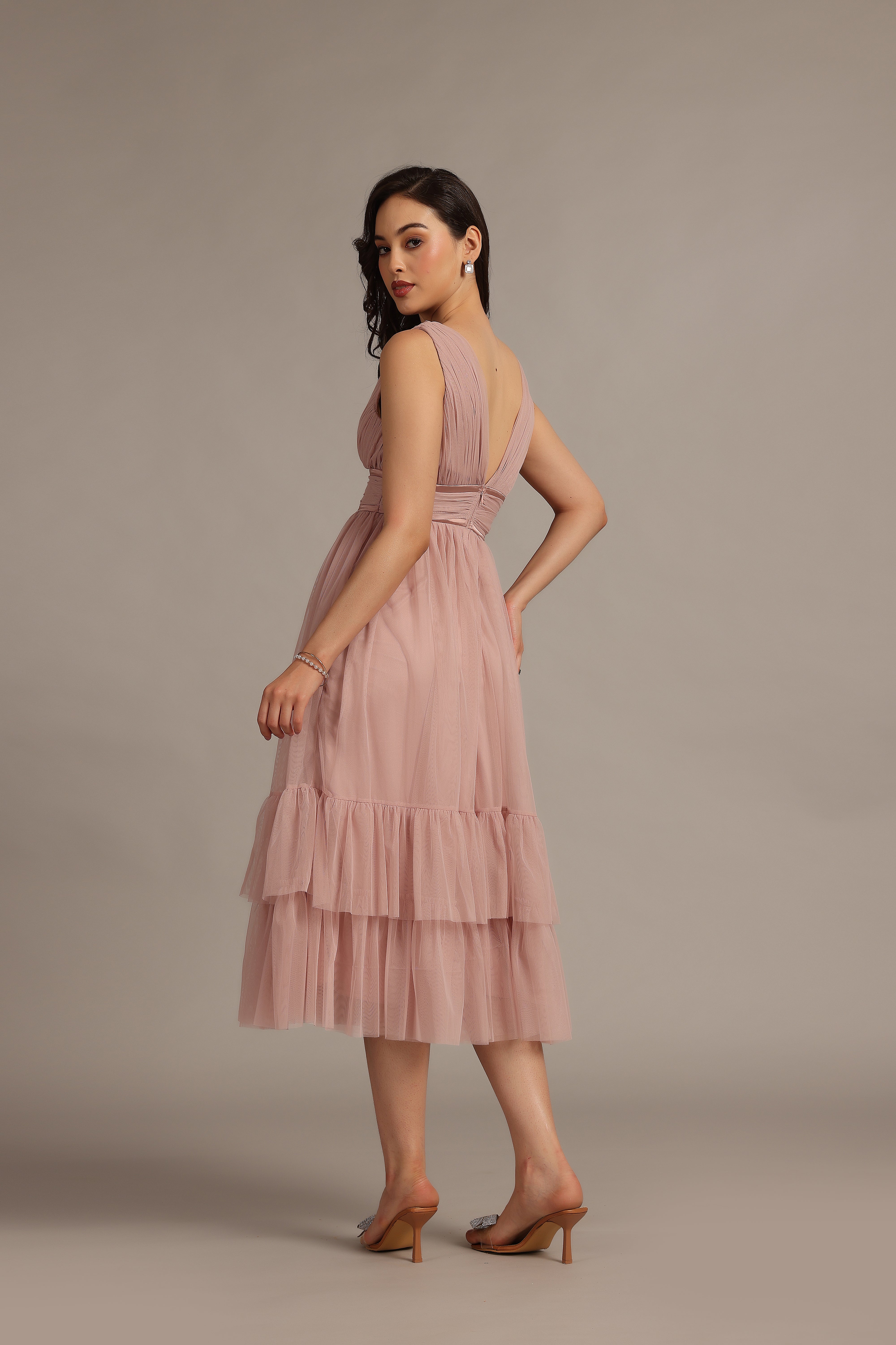 Nymeria Soft Pink Midi Dress - Elegant Flowy Women's Summer Dress for Weddings, Parties & Casual Outings