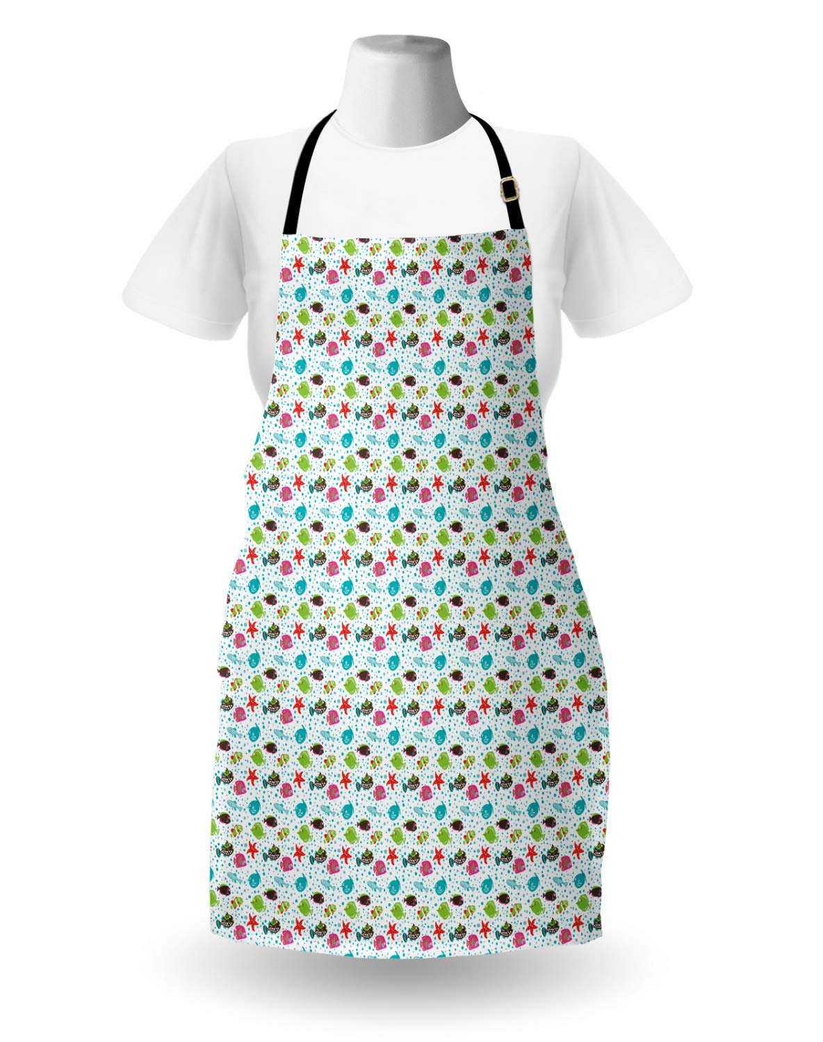 Ambesonne Underwater Themed Apron - Doodle Fish, Starfish, Anemone & Butterflyfish Design - Adjustable Unisex Kitchen Bib for Cooking, Baking, BBQ & Gardening - Waterproof Adult Size Apron for Home Chefs & Outdoor Enthusiasts