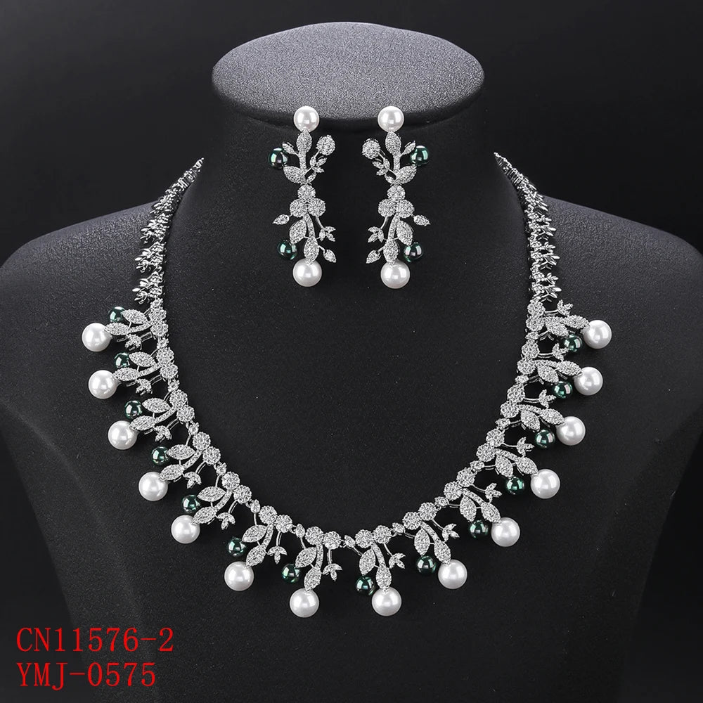 4 Colors Elegant White Cubic Zirconia Pearl Necklace Set - Women's Bridal Wedding Jewelry | Perfect for Parties, Anniversaries & Special Occasion Gifts CN11576
