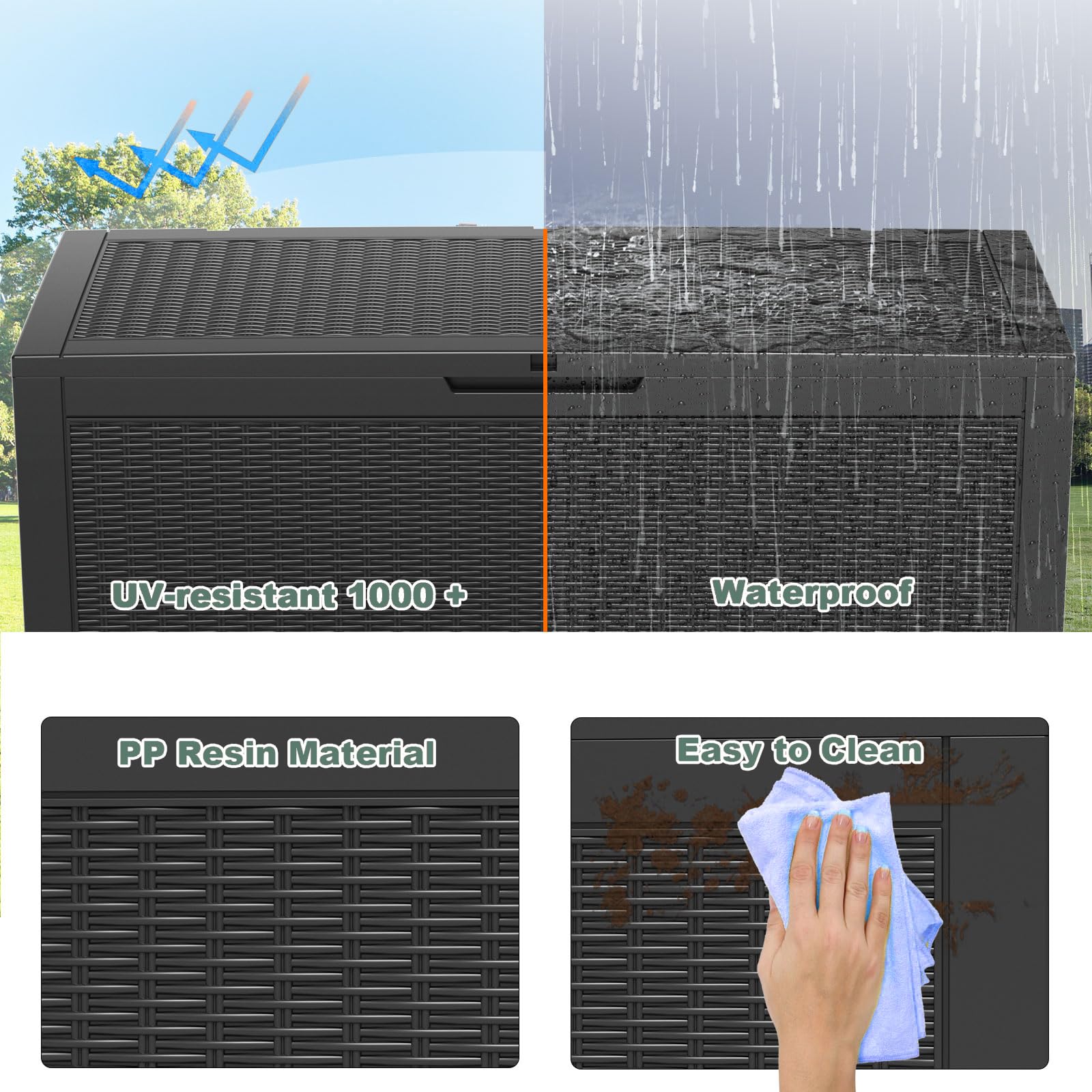 DRATO 100 Gallon Large Outdoor Deck Box - Waterproof Resin Storage Container for Patio Furniture, Cushions, Gardening Tools & Pool Supplies - 660lbs Weight Capacity - Perfect for Backyard, Deck & Poolside Organization