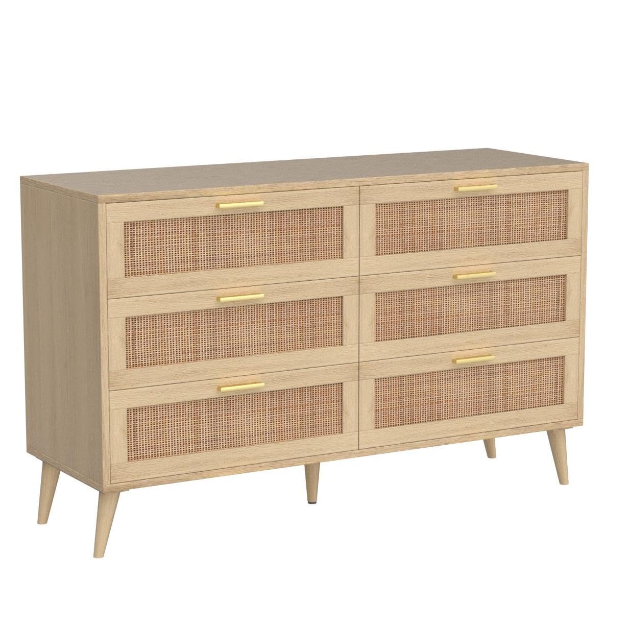 Rovaurx 6-Drawer Double Dresser for Bedroom - Modern Rattan Wooden Chest with Gold Handles, Storage Organizer for Closet, Living Room & Entryway - Natural Finish | Perfect for Bedroom Storage, Guest Room Furniture & Home Organization