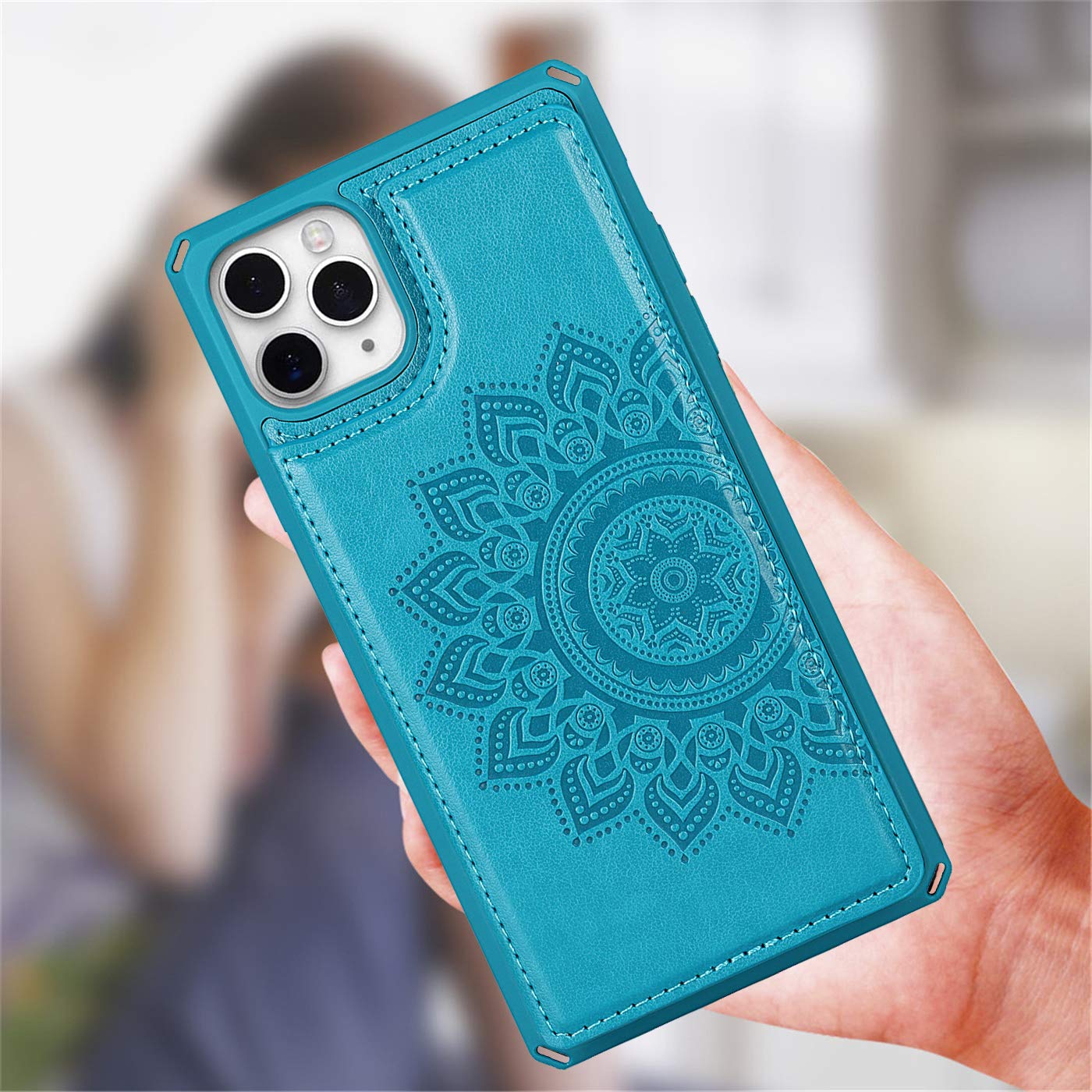 Premium PU Leather Mandala Flower Embossed iPhone 11 Pro Max Wallet Case with Card Holder - Shockproof Protective Phone Cover for Women & Men (Blue) - Perfect for Daily Use, Travel, and Business Meetings