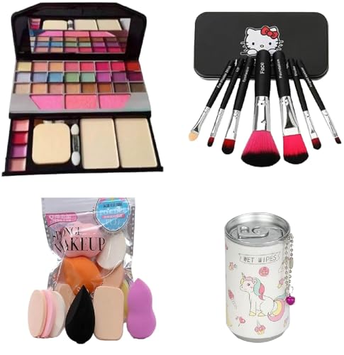 Tya 6155 Professional Makeup Brush Set - 7 Piece Mini Face Brush Kit with Soft Sponge Blenders & Wet Wipes | Perfect for Travel, Everyday Makeup & Professional Makeup Artists | Black Cosmetic Brush Collection (4 Pack)