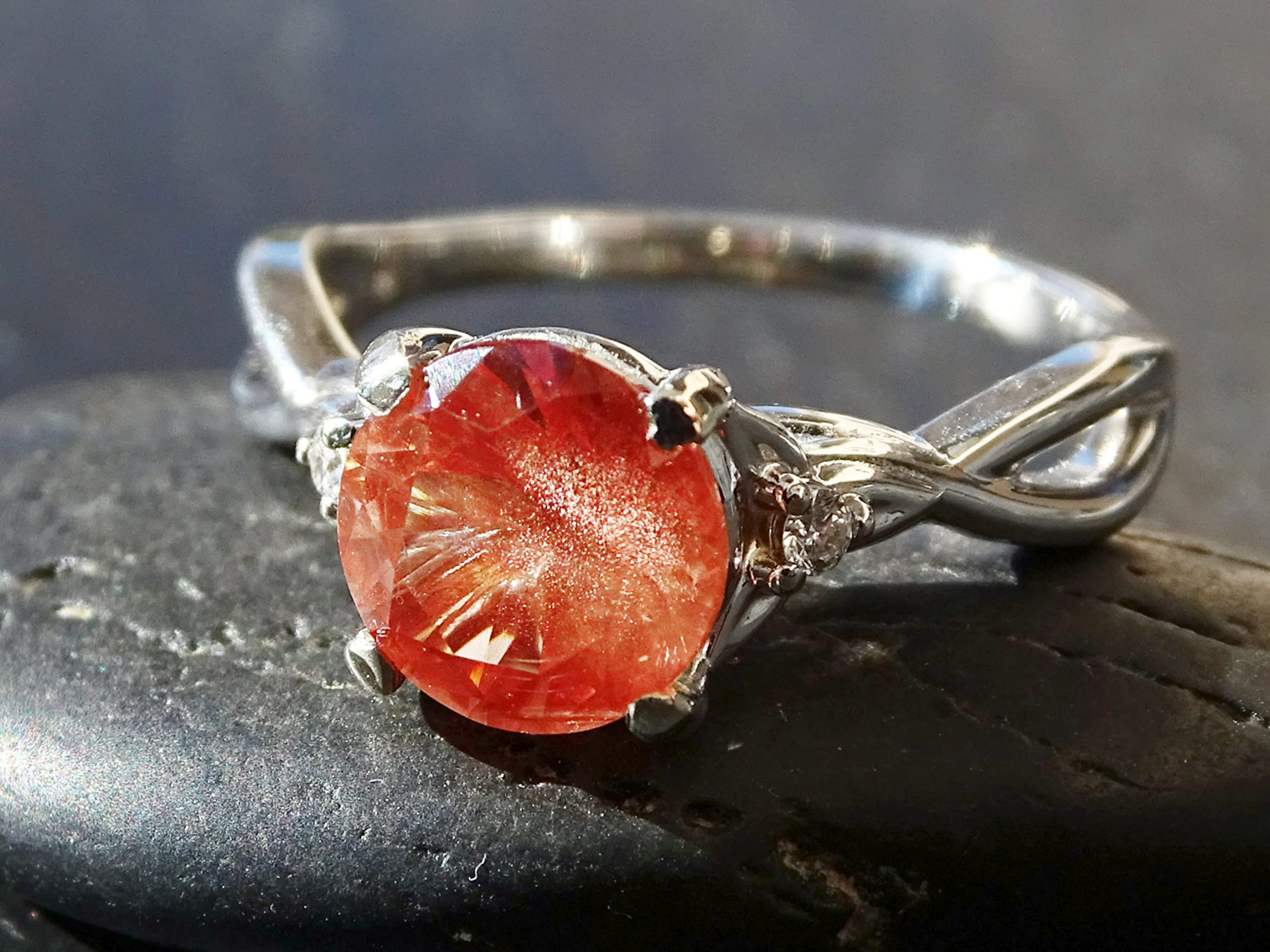 Oregon Sunstone Ring in White Gold - Diamond Accented Sunstone Engagement Ring with Schiller Effect, Elegant Three Stone Jewelry for Women | Perfect Anniversary Gift for Her, Ideal for Weddings, Proposals, and Special Occasions