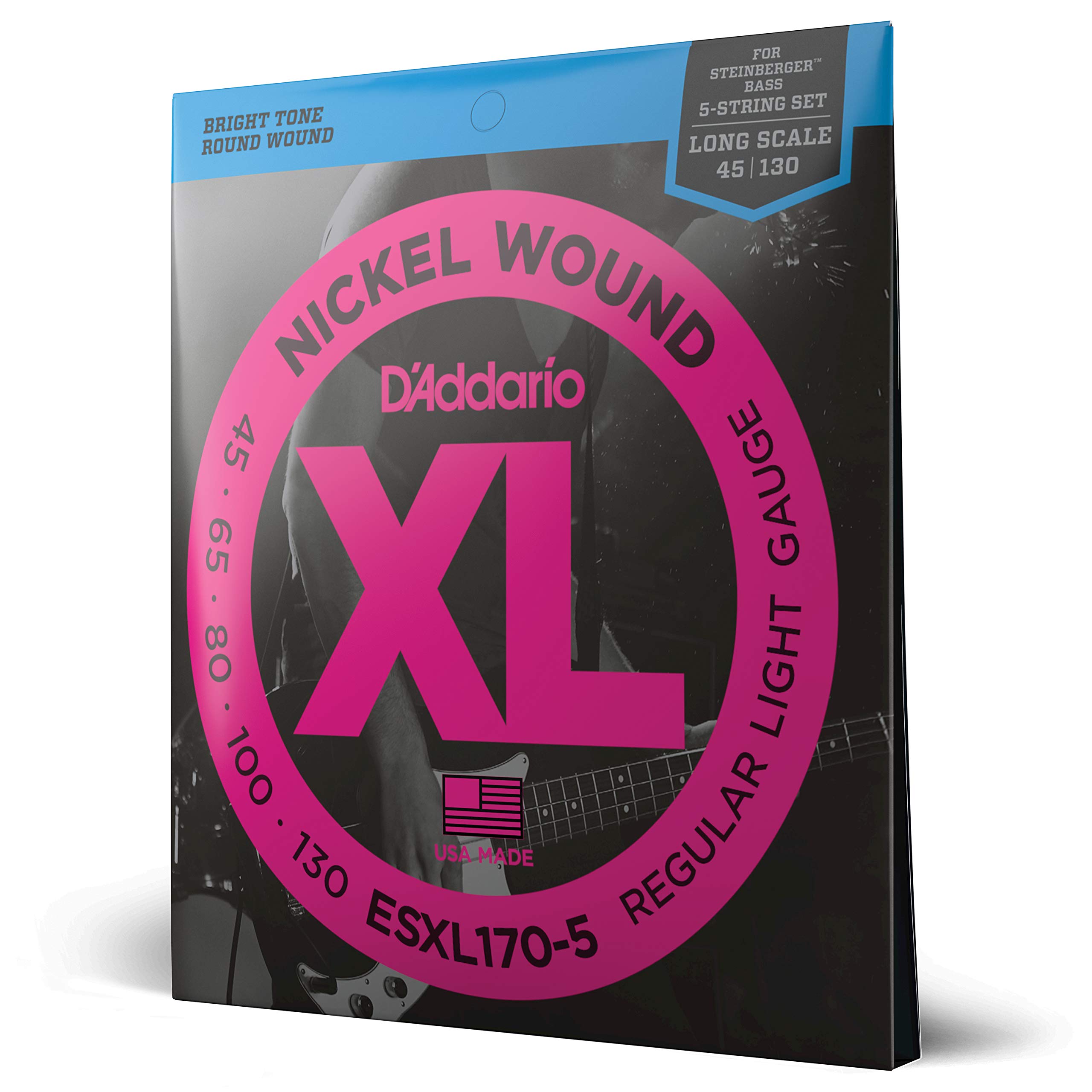 D'Addario XL Nickel Bass Guitar Strings ESXL170-5 - 5 String Bass Strings 45-130 Light Gauge with Double Ball End - Long Scale for Perfect Intonation & Durability - Ideal for Rock, Jazz & Studio Recording