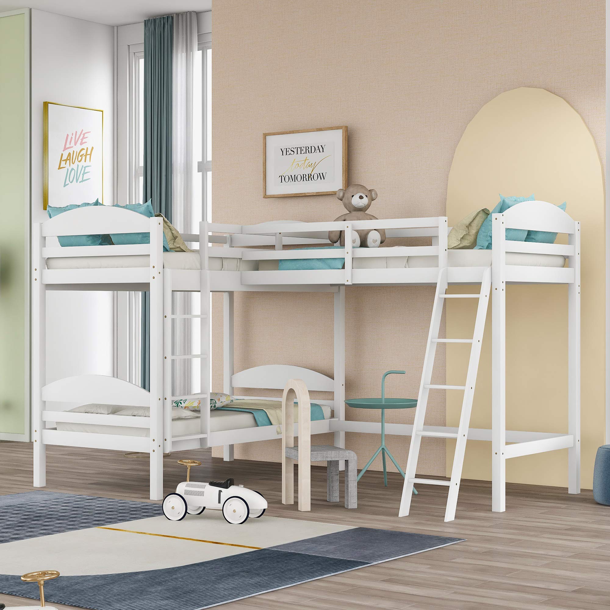 Triple Bunk Bed L-Shaped Twin Over Twin Over Twin with 2 Ladders - No Box Spring Required | Space-Saving Kids & Teen Bedroom Furniture for Small Rooms, Sleepovers & Shared Spaces