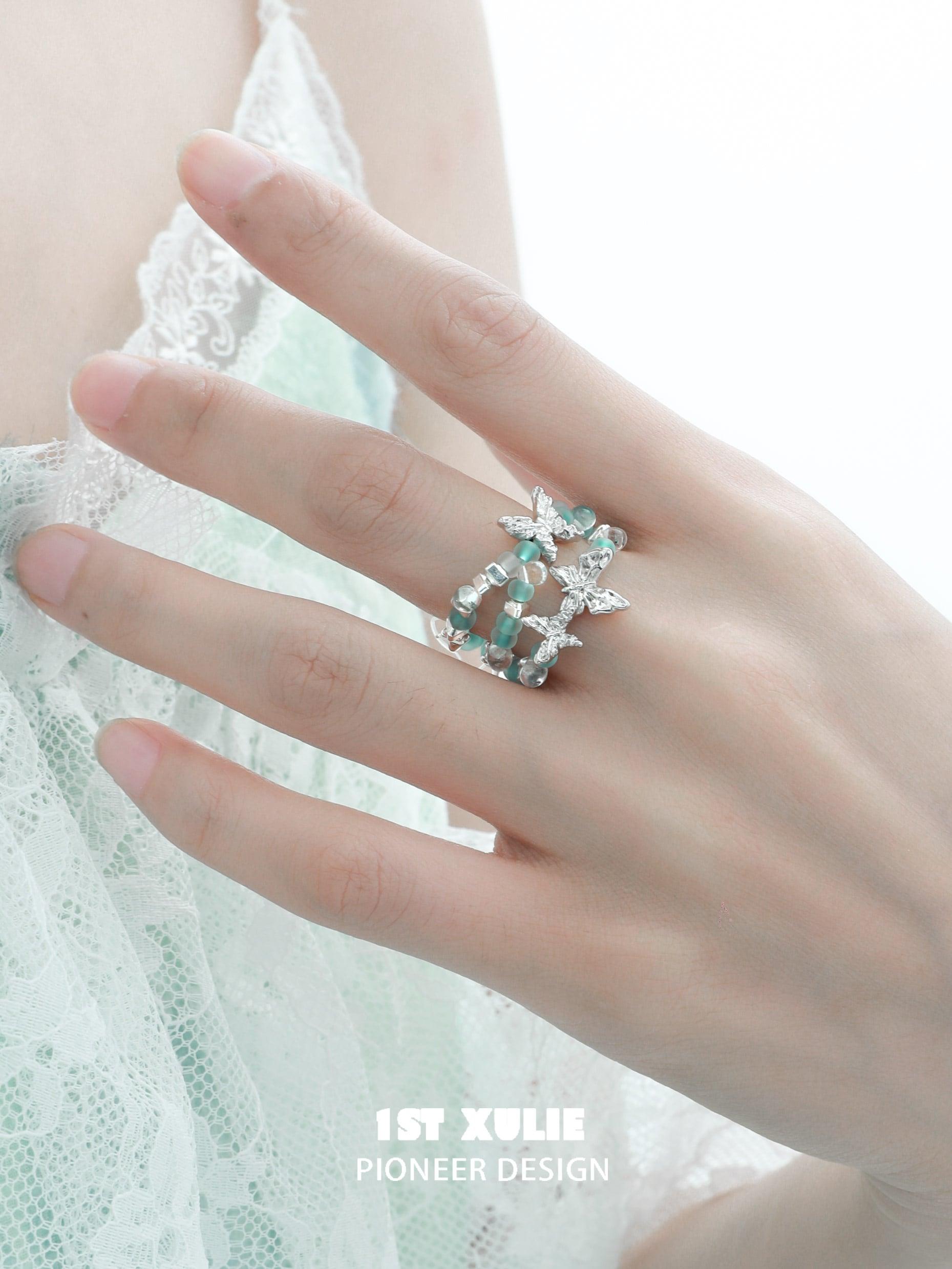 Whiterfly S925 Sterling Silver Beaded Butterfly Rings for Women - Elegant Adjustable Butterfly Jewelry Gift for Her - Perfect for Valentine's Day, Anniversary & Everyday Wear