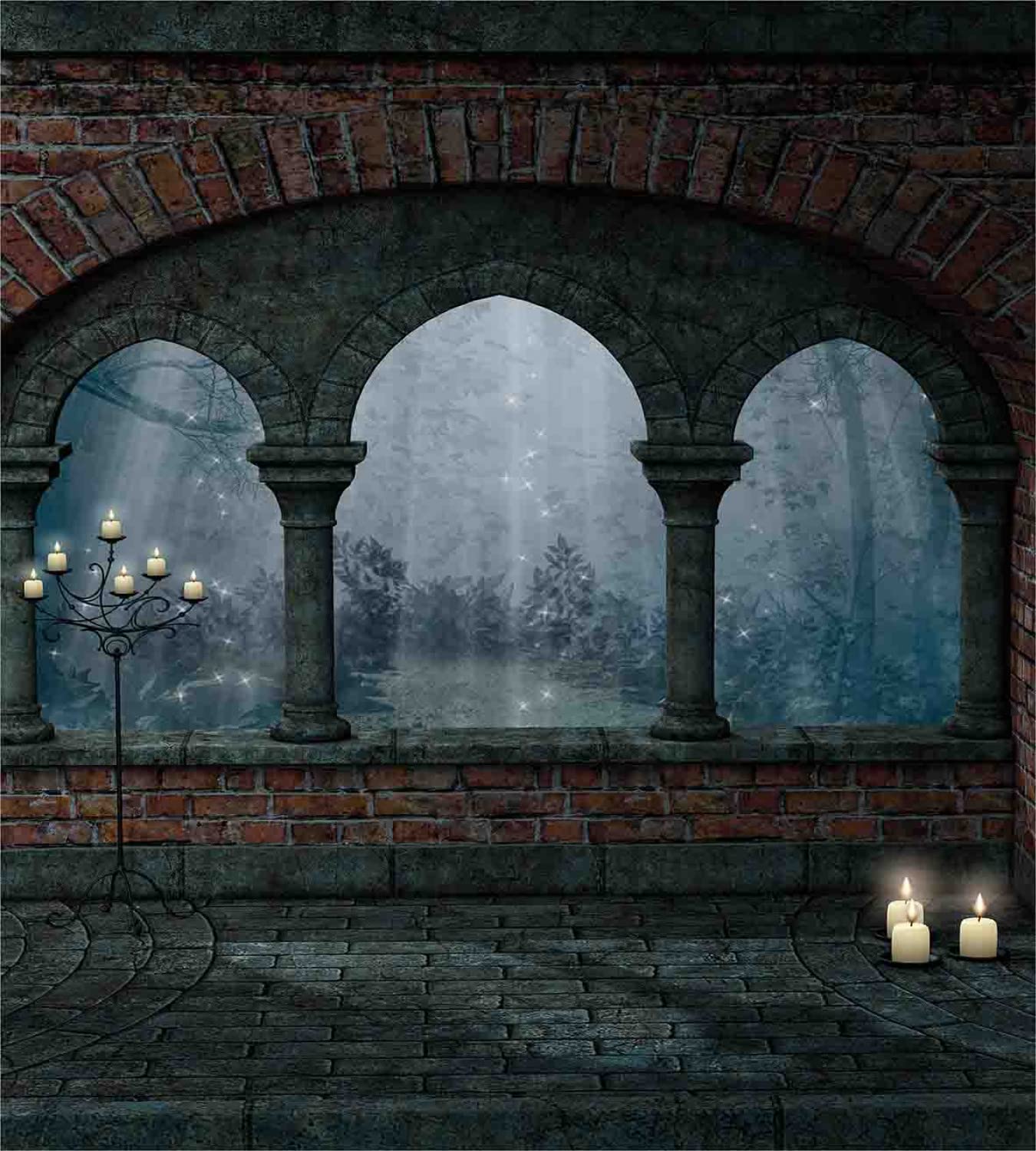 Ambesonne Gothic Duvet Cover Set - Medieval Castle at Night with Old Arch & Candles, Middle Age Misty Design | 2-Piece Twin Size Bedding Set (2 Duvet Covers + 2 Pillowcases) in Blue Grey & Red | Perfect for Gothic Bedroom Decor, Halloween Themed Rooms & Medieval Lovers