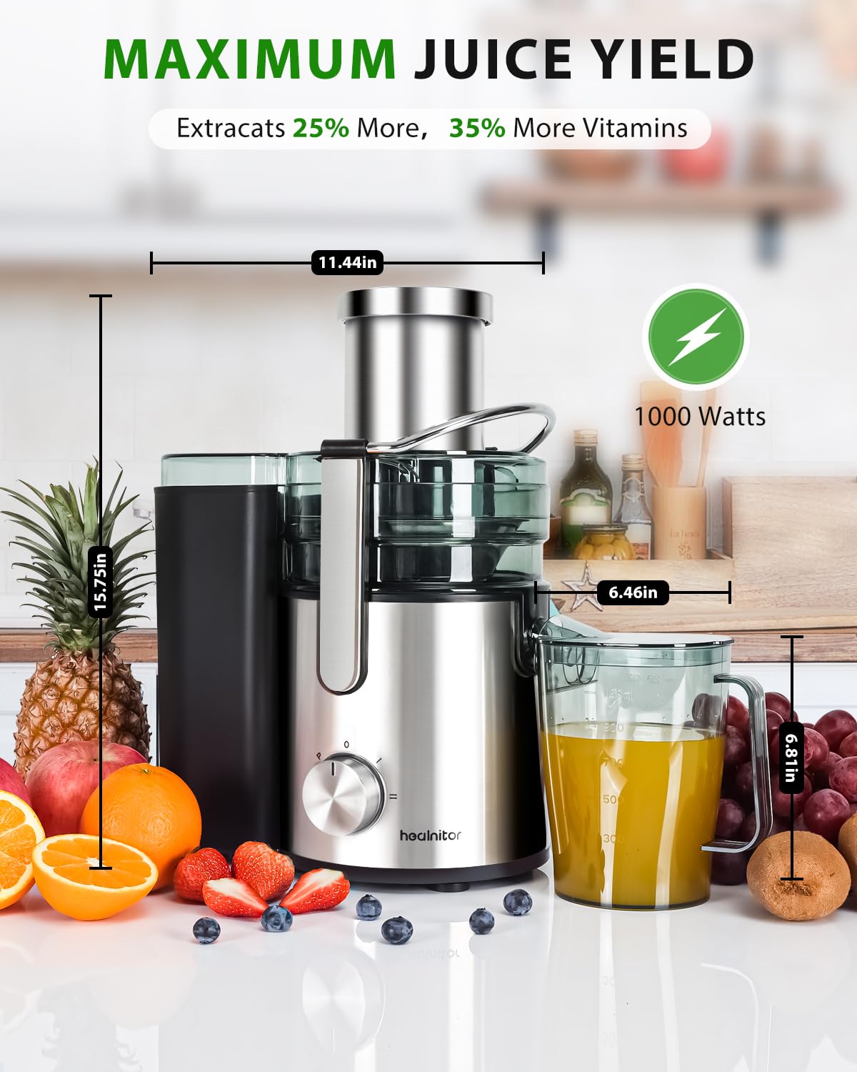 Healnitor 1000W 3-Speed LED Centrifugal Juicer for Fruits and Vegetables - 3.5