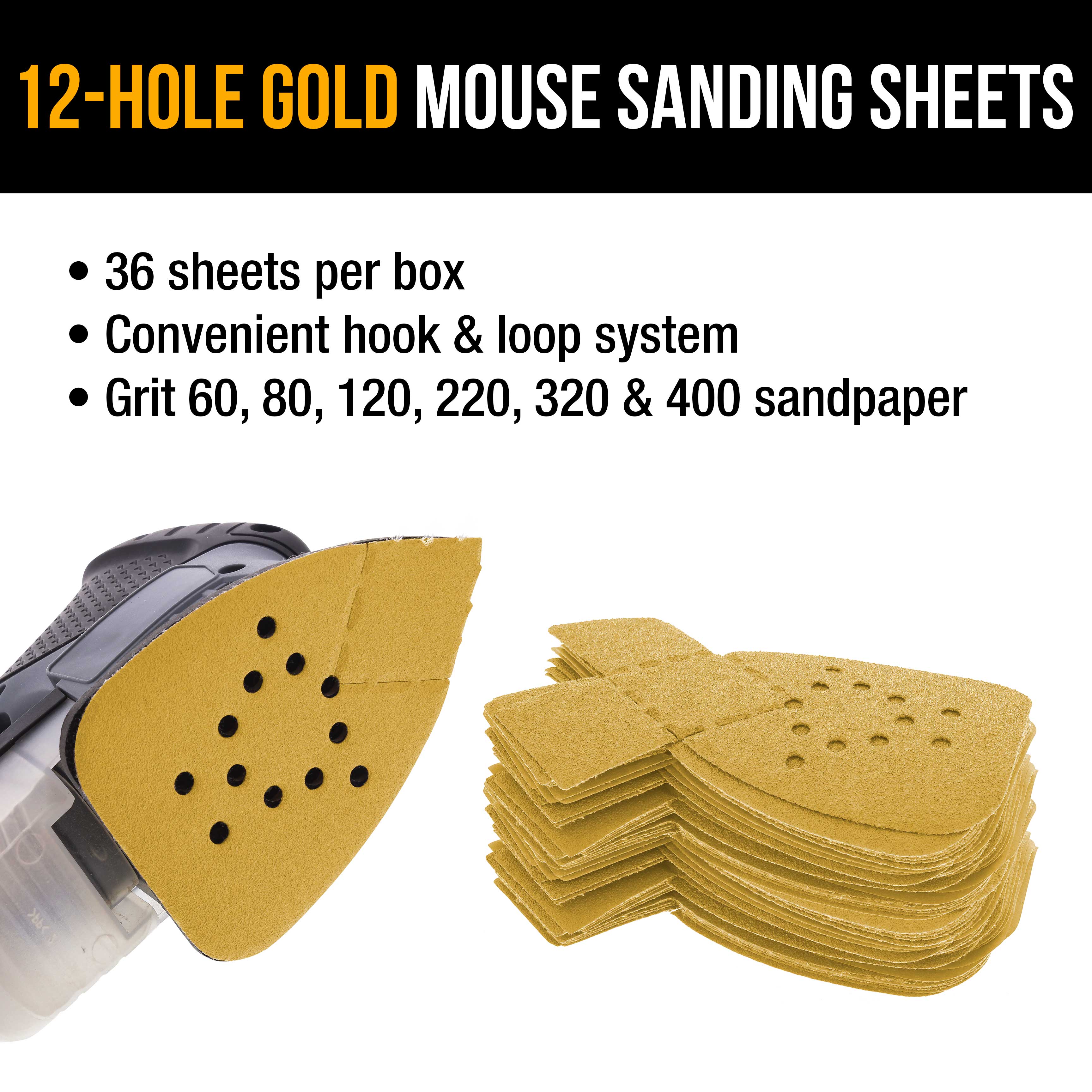 Premium 12-Hole Hook & Loop Sanding Sheets Variety Grit Pack (60,80,120,220,320,400) - 36-Piece Box for Mouse Sanders - Ideal for Woodworking, Metal Polishing & DIY Projects