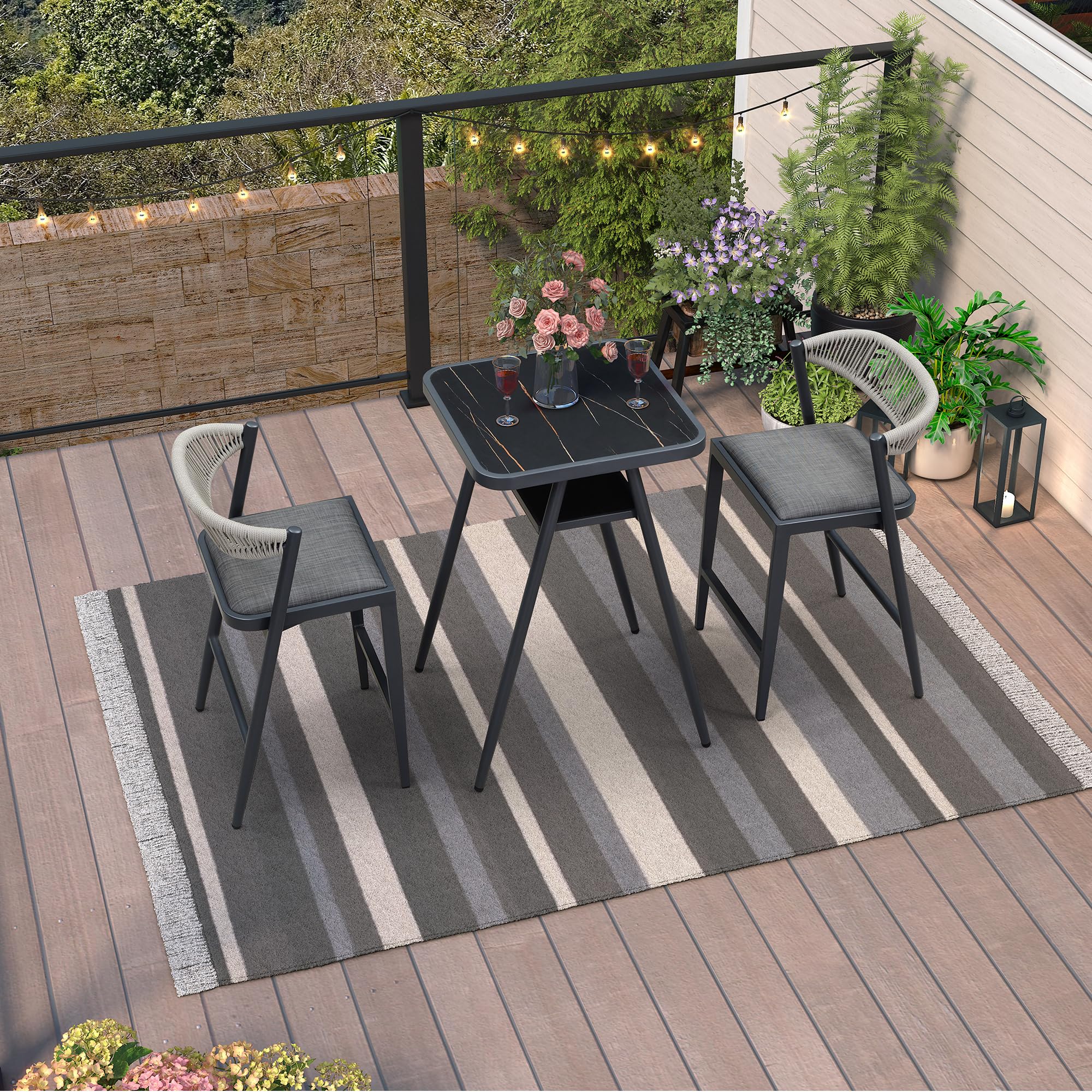 PURPLE LEAF 3-Piece Outdoor Counter Height Bar Set - Modern Rattan Bar Stools & Table for Patio, Kitchen Island - Indoor/Outdoor Use - Dark Grey - Perfect for Backyard Entertaining & Outdoor Dining